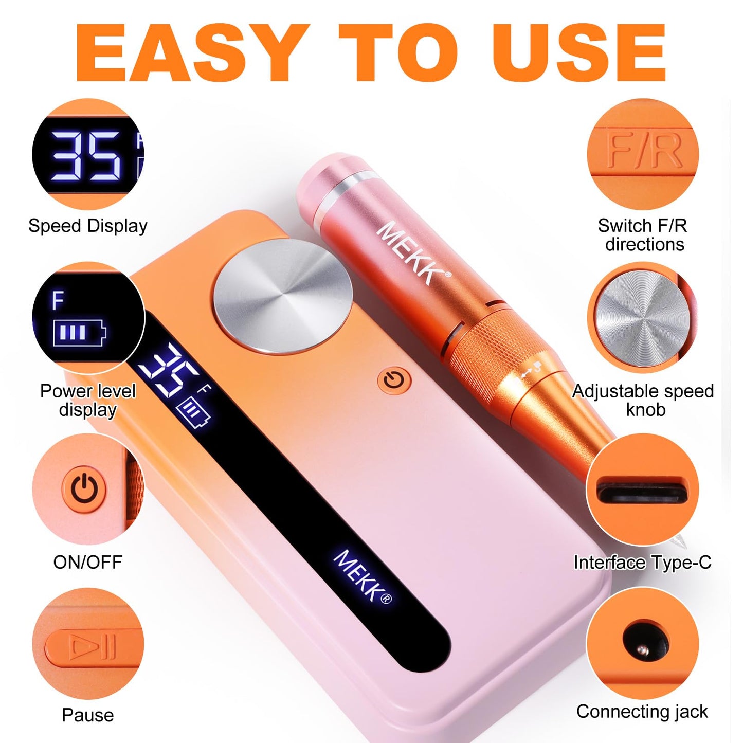 MEKK Nail Drill,Professional Electric Cordless Nail Drill for Gel Nails,Electric Nail File for Gel Nails 35000RPM,3000mAh E File,An-ti Shaking Efile (Orange)
