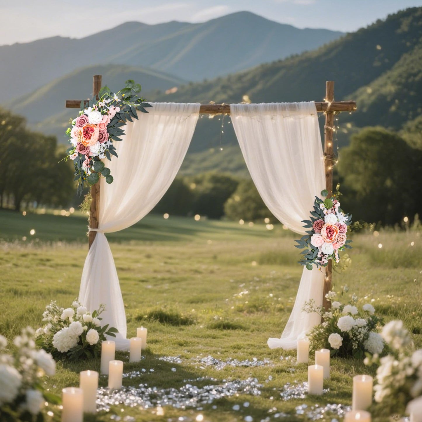 Noamus 2 Pack Wedding Arch Flowers, Artificial Corner Floral Swag, Wedding Arrangements Decor for DIY Ceremony Reception, Sweetheart Table Chair Backdrop, Welcome Sign Banquet Party(Pink-White)