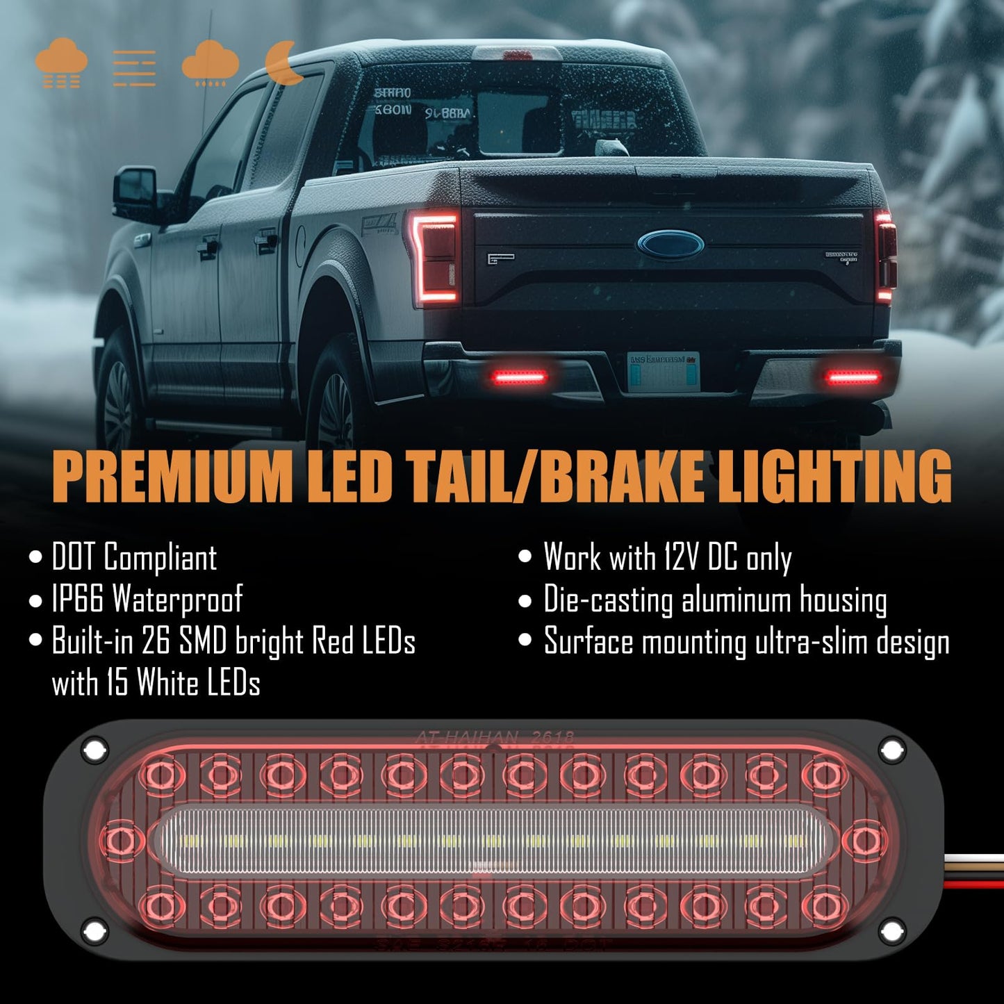 AT-HAIHAN Pack of 2 Oval Red LED Trailer Stop Brake Turn Signal Tail Lights with White Reverse Light, DOT Compliant Waterproof Surface Mount Safety Lighting