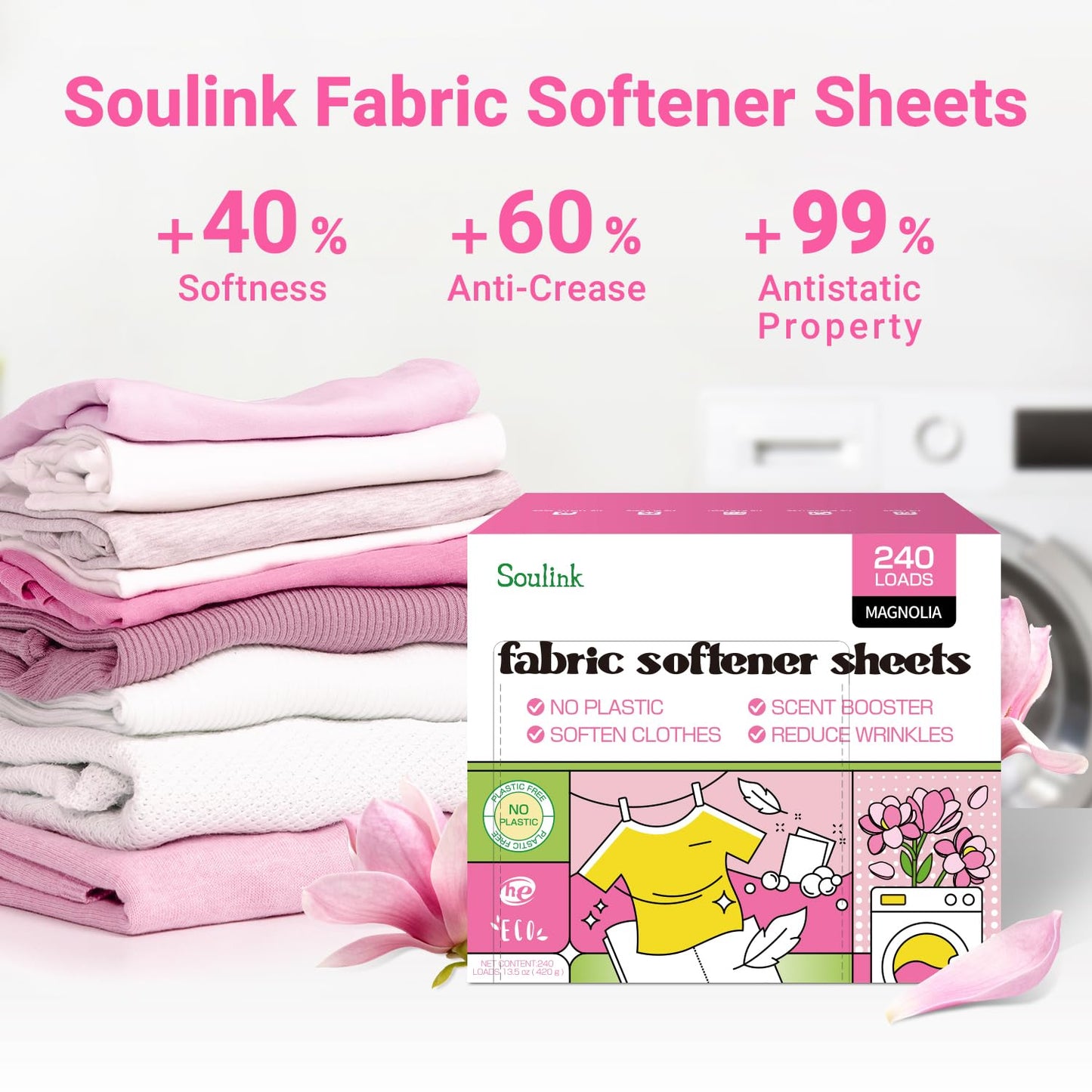 Soulink Fabric Softener Sheets for Washing Machine, No Plastic Jug Soap Strips, Alternative to Fabric Softener Liquid and Pods, Magnolia Scent, Up to 240 Loads