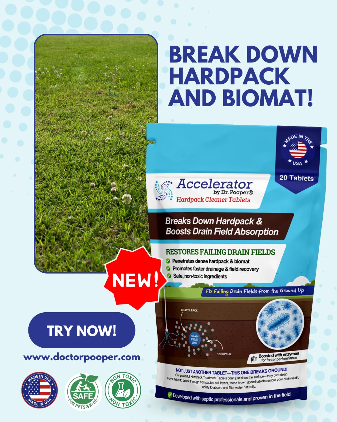 Accelerator by Dr. Pooper® – Hardpack Cleaner Tablets for Septic Systems | Breaks Down Hardpack & Boosts Drain Field Absorption | 20 Tablets - Use with our tool kit — available separately
