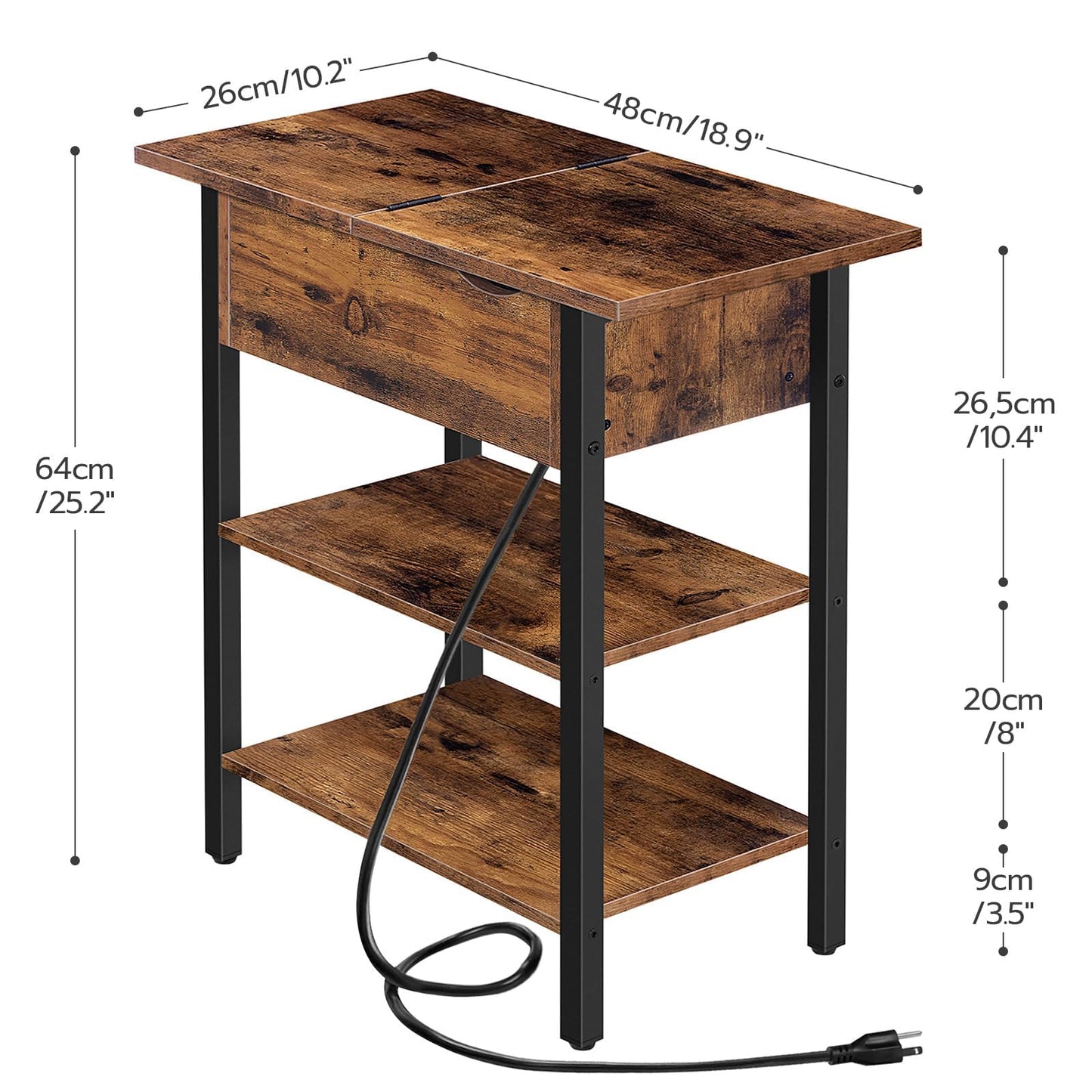 HOOBRO Side Table, Flip End Table with Charging Station and Shelves, USB Ports & Power Outlets, Narrow Nightstand for Small Spaces, Stable and Sturdy, for Living Room, Bedroom, Rustic Brown BF341BZ01