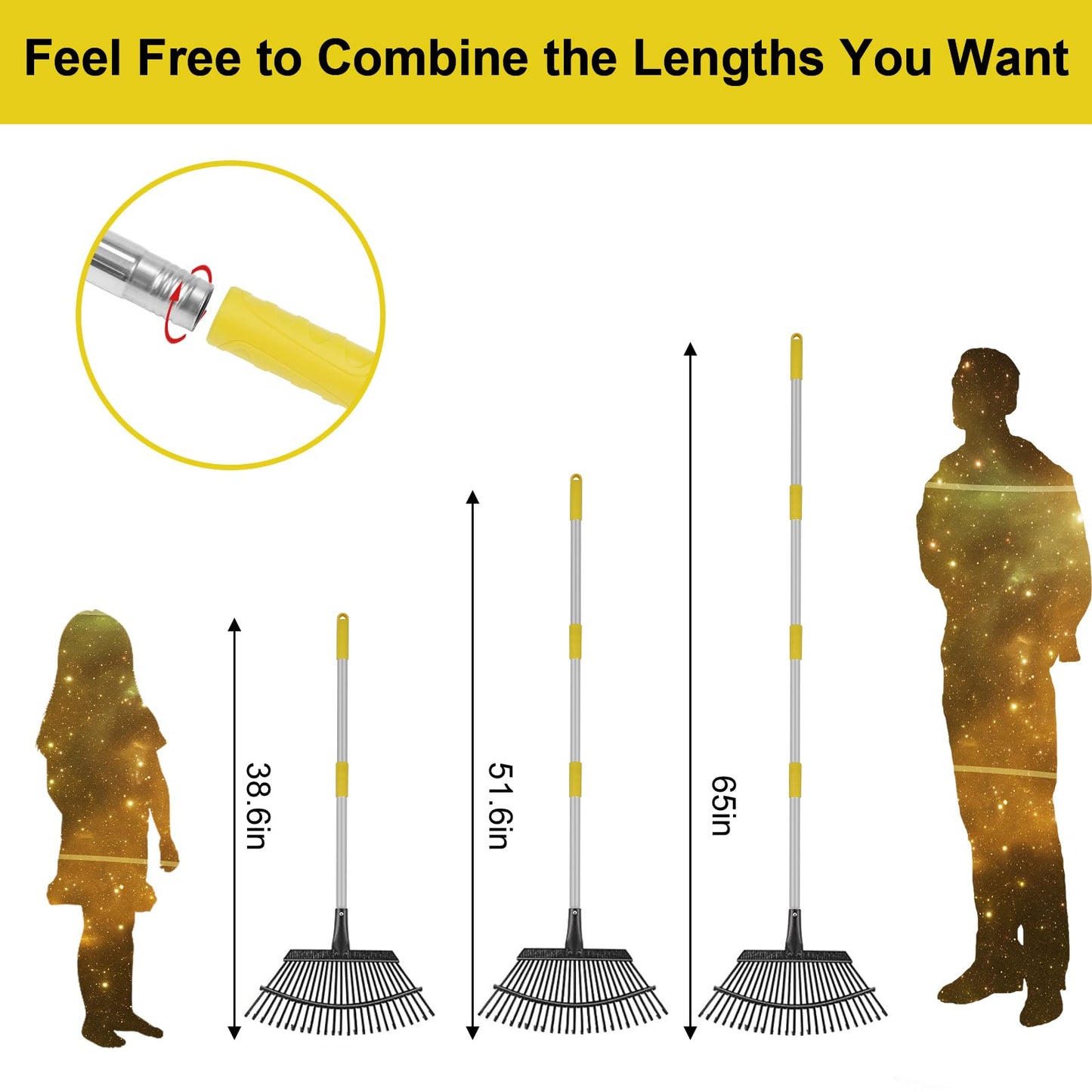 Stanew 5.4FT Heavy Duty Stainless Steel Garden Leaf Rake -Adjustable Length, 25 Tines Landscape Rake, Leaf Collector, and Leaf Scoops for Yarn Thatch, Gathering Leaves, Farming, Herb Garden and More