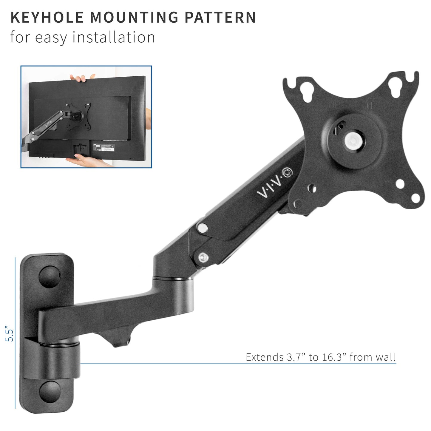 VIVO Premium Aluminum Single LCD Monitor Wall Mount, Height Adjustable Pneumatic Spring Monitor Arm for Screens up to 32 inches, MOUNT-G100B