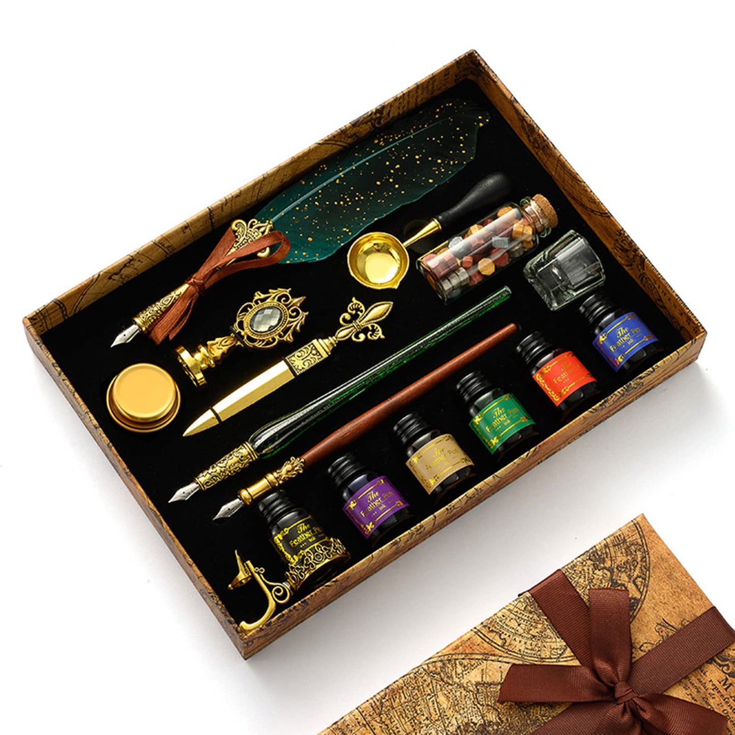 Joyeee Feather Calligraphy Pen and Ink Set, with Vintage Writing Quill Pen, Glass Dip Pen, Wooden Dip Pen, Pen Nibs, Pen Holder, Cup, Wax Beads, Seal Stamp, Melt Spoon and Gift Boxes #83