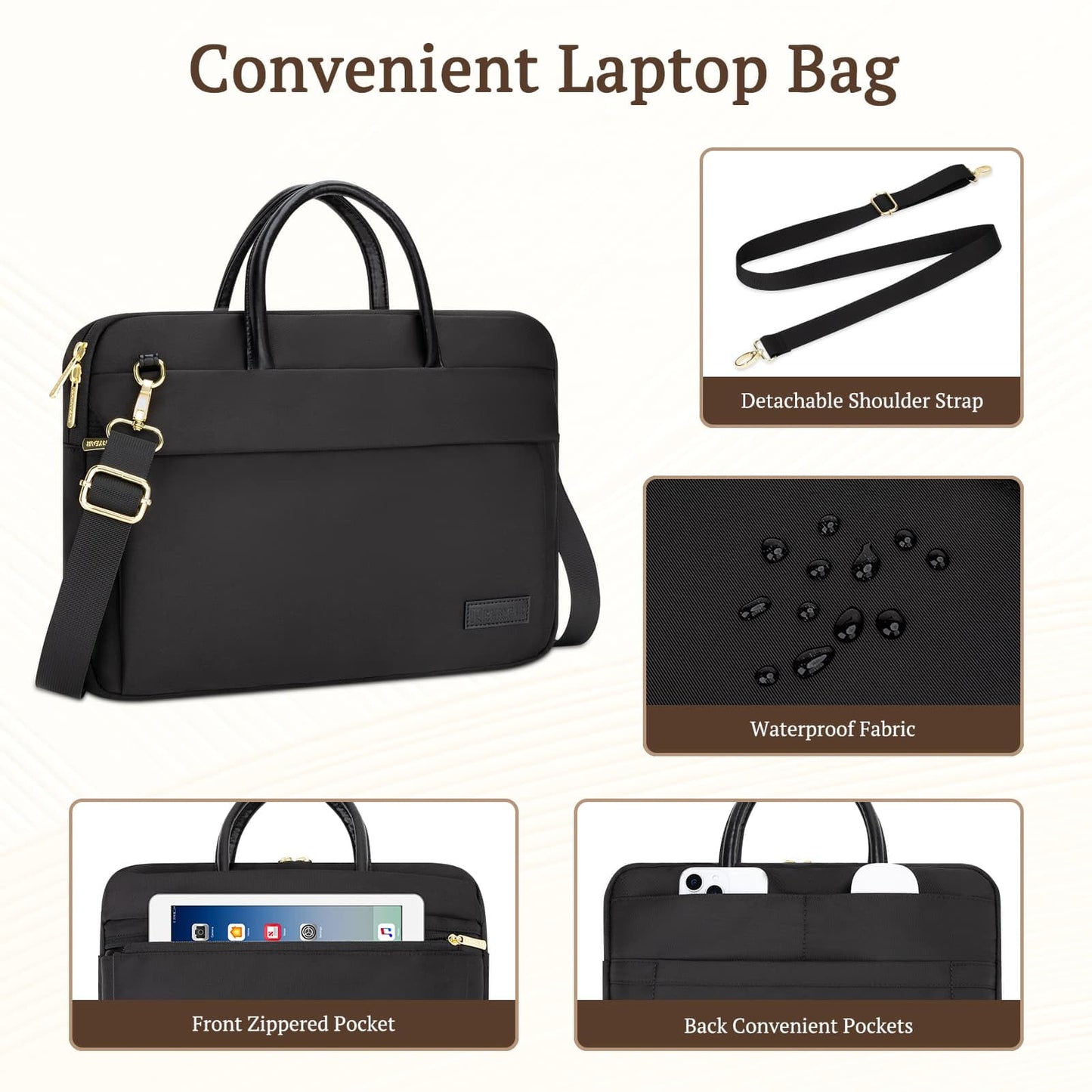 RAINYEAR 15.6 Inch Laptop Bag for Women, Protective Waterproof Large Capacity Computer Shoulder Bag Carrying Case with Handle for 15.6 Inch PC Computer Laptop, Black
