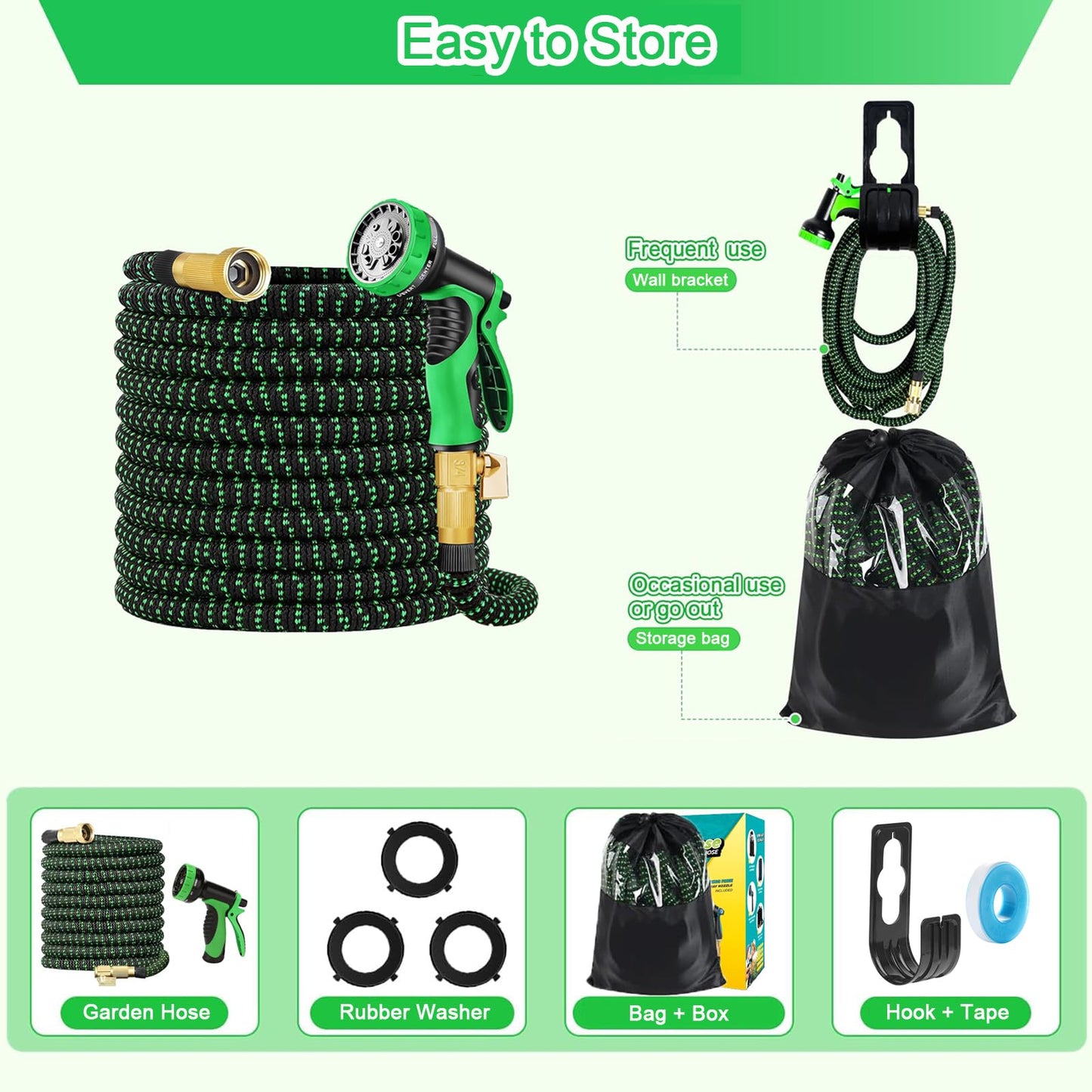 Expandable Garden Hose 50FT, 10-Function Spray Nozzle, Upgraded Latex Core Inner Pipe Retractable Water Hose with Sturdy 3/4'' Fittings Flexible Lightweight Water Hose with Hook and Storage Bag