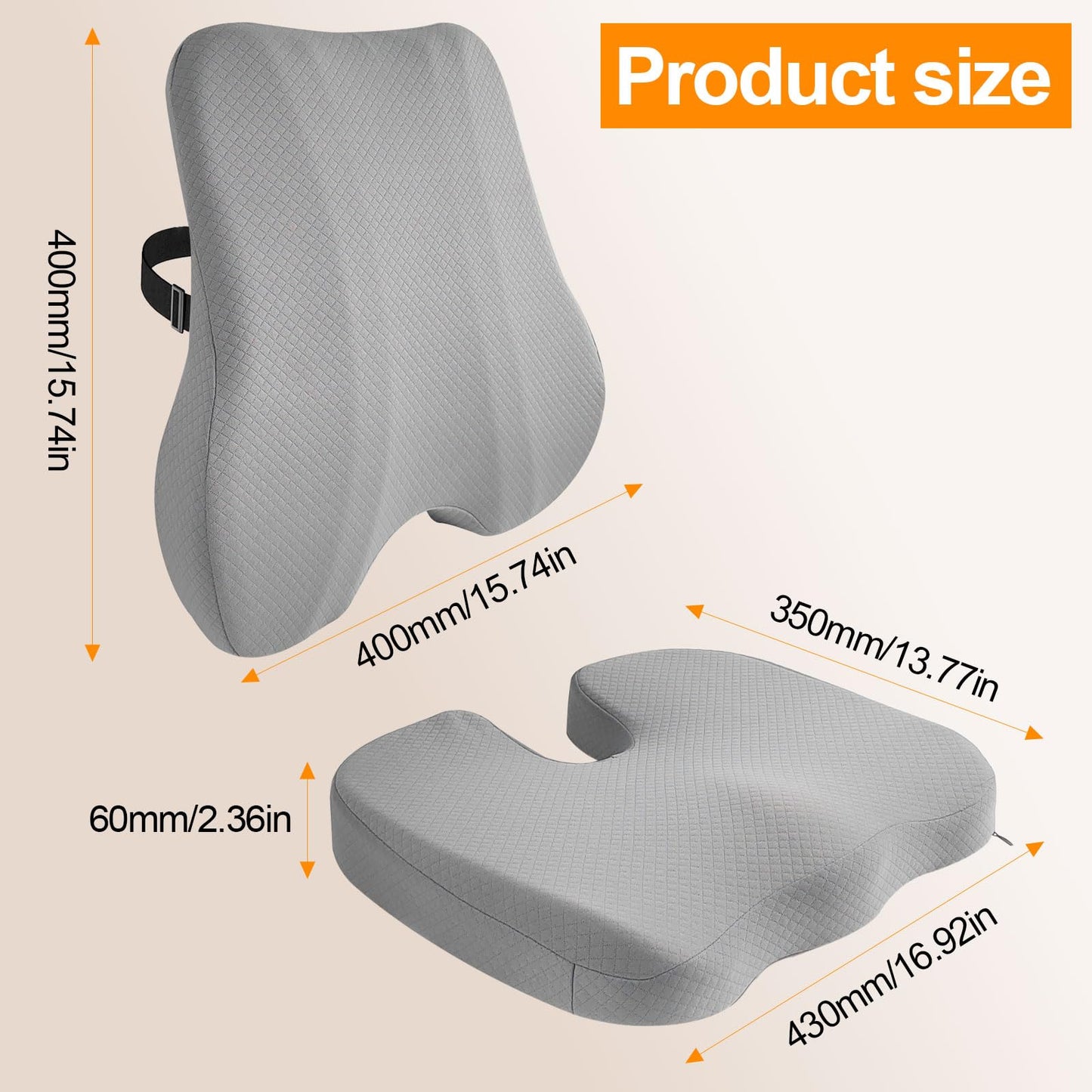Lumbar Support Pillow Set, Height-Adjustable Upgrade Edition Features an Adjustable Buckle Design with an External Extension Strap for Easy Attachment to Car Seats and Large Chairs（Gray）