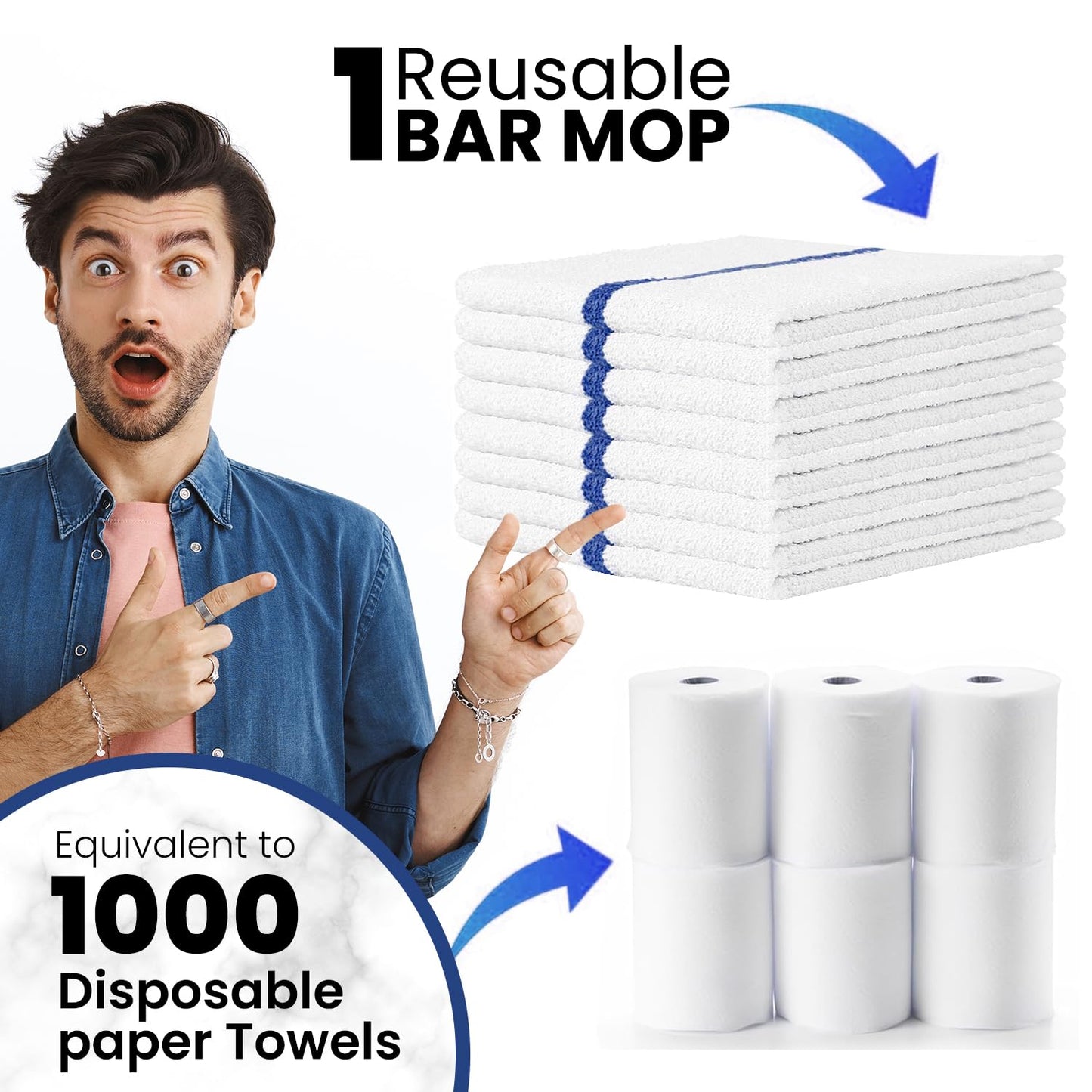 Bar Mops Blue Stripe Pack of 60 Kitchen Towels 16x19 Multi-Purpose for Home, Restaurant and Cleaning White Absorbent Washcloth Dishcloths Sets, Reusable Dish, Cloths Rags