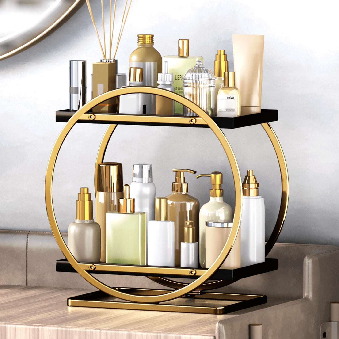 YIWANFW 2-Tier Makeup Organizer - Modern Elegant Black & Gold Countertop Perfume & Cosmetics Display Shelf