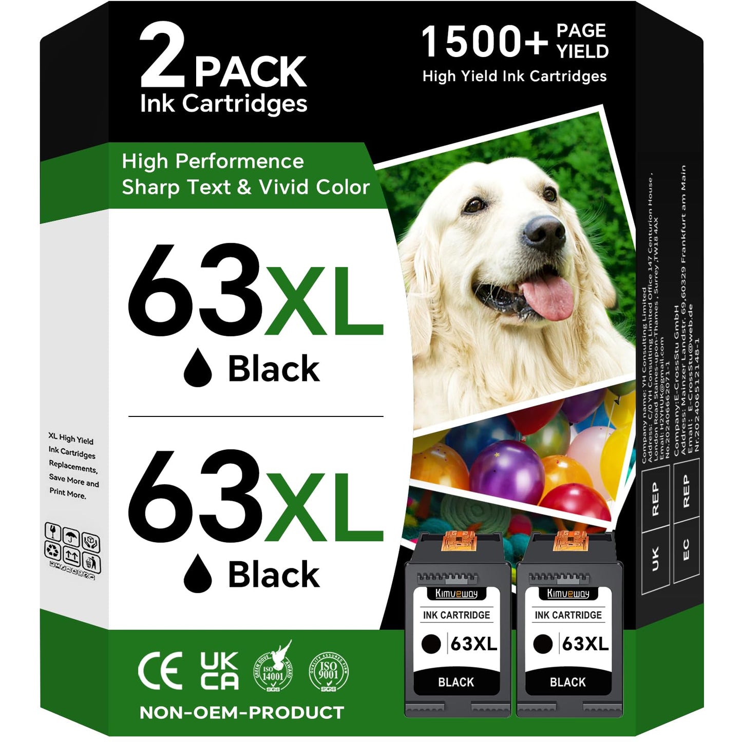 Printer Ink 63XL Black for HP 63 Ink Cartridges |2 Pack 63 XL High Yield Replacements for HP 63 Black Ink Work with OfficeJet 3830 3833 4650 5200 Envy 4510 4520 4512 Deskjet 1112 2130 3630 Printer