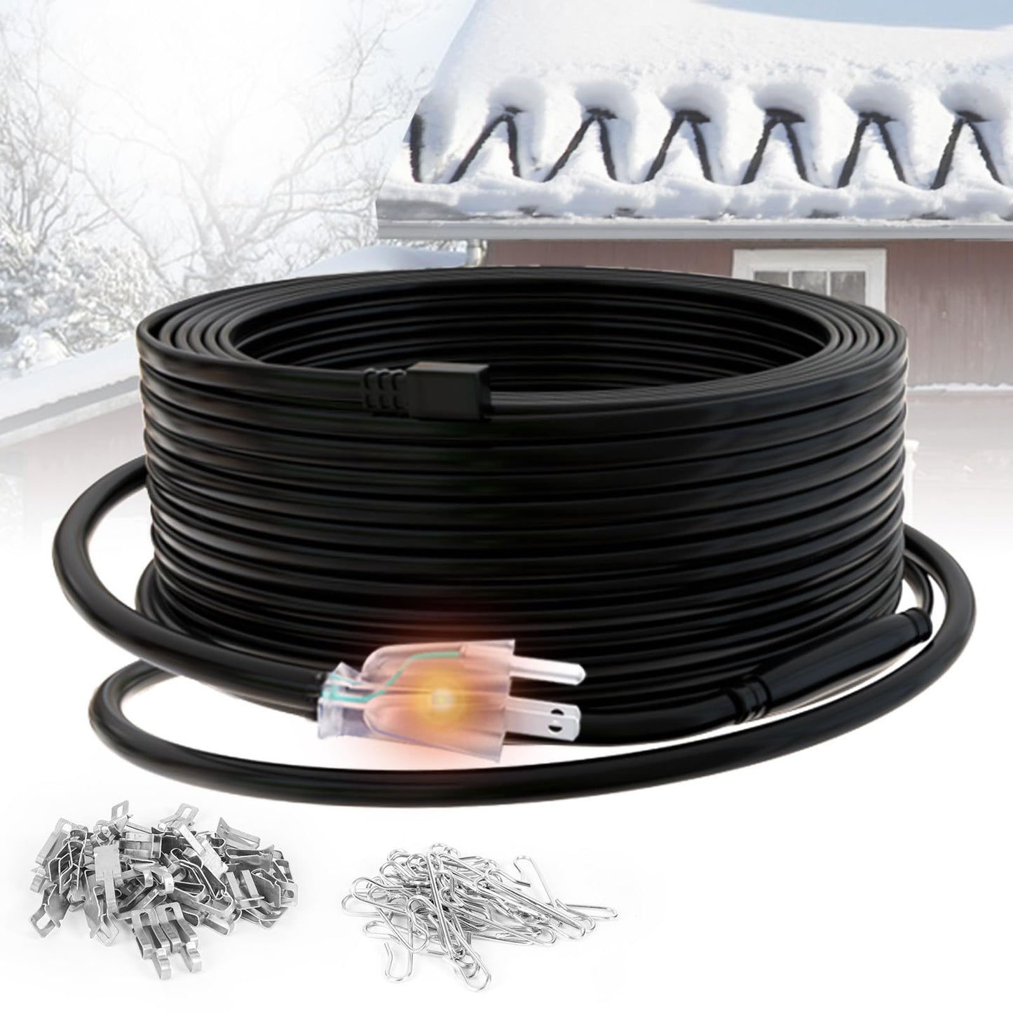 HEATIT HIRD 80 feet Roof & Gutter Snow De-Icing Kit, 5W/ft Heat Tape for Roof and Gutters Ice Dam Prevention with 6 ft Power Cord