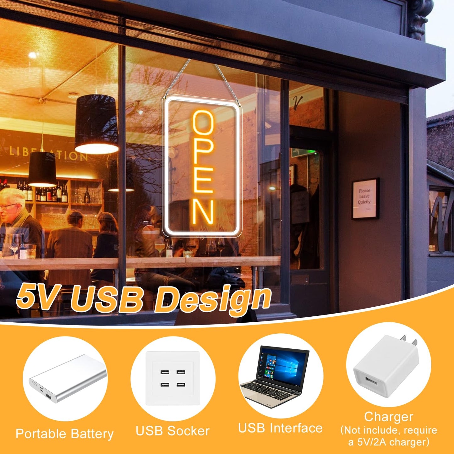 Super Bright Open Sign, 16"x 9" Dimmable LED Open Signs for Business Window, USB Powered Electric Light up Sign with On/Off Switch, Vertical Open Sign LED for Coffee shops Stores Restaurants Offices Bar