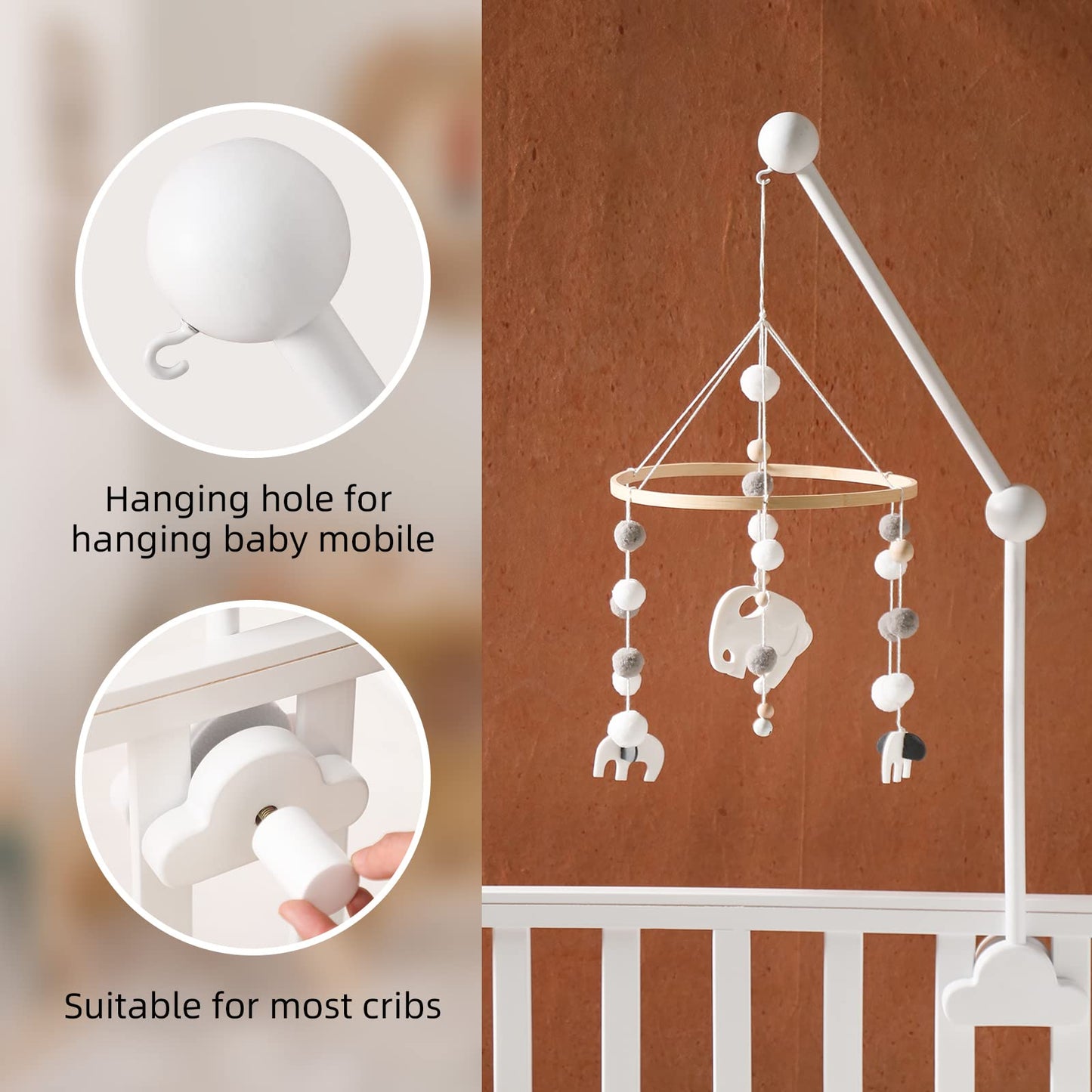 Crib Mobile Arm Wooden Mobile for Crib Arm 27 Inch Baby Crib Mobile Arm for Hanging Baby Toys 100% Natural Beech Wood Mobile Crib Arm with Strong Anti Slip Attachment Crib Mobile Arm for Nursery Décor (Cloud)