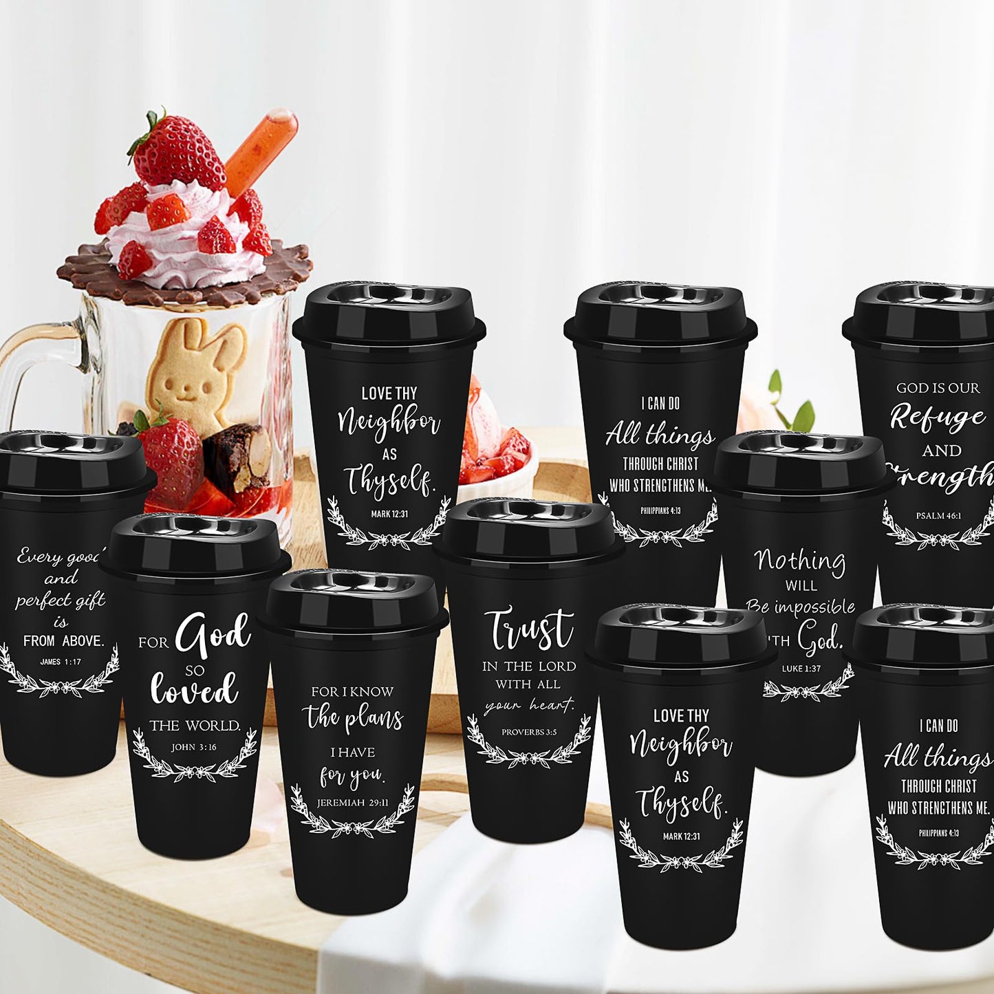 20 Pcs Reusable Christian Coffee Cups, 16 oz Bible Verse Plastic Tumblers with Lids, Religious Plastic Cups Bulk, Travel Coffee Mug Inspirational Christian Gifts for Men Women (Black)