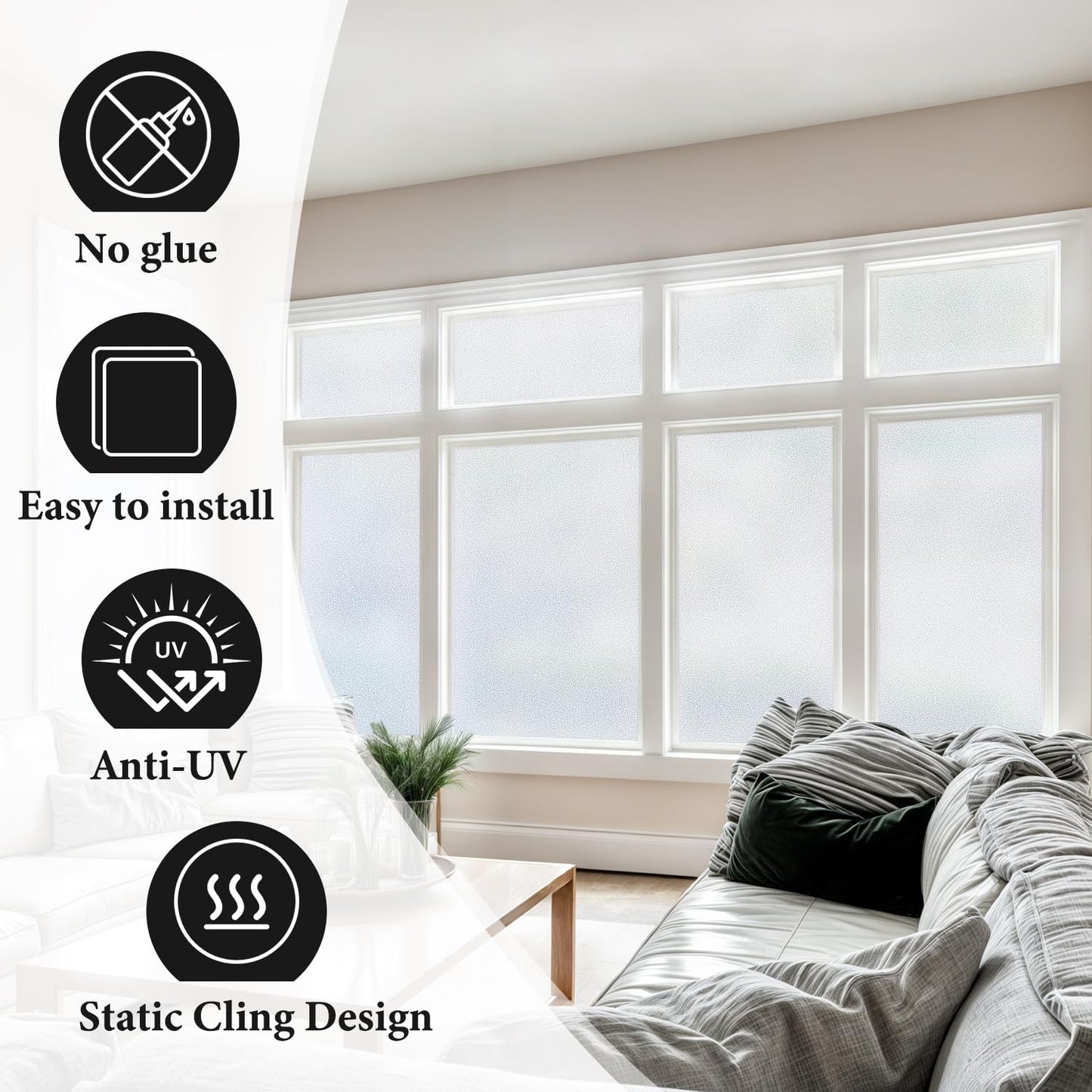 DUOFIRE Privacy Window Film Natural Frosted Glass Film Static Cling Glass Film No Glue Anti-UV Window Sticker Non Adhesive for Privacy Office Meeting Room Bathroom Living Room(0.6M X 2M) DS001