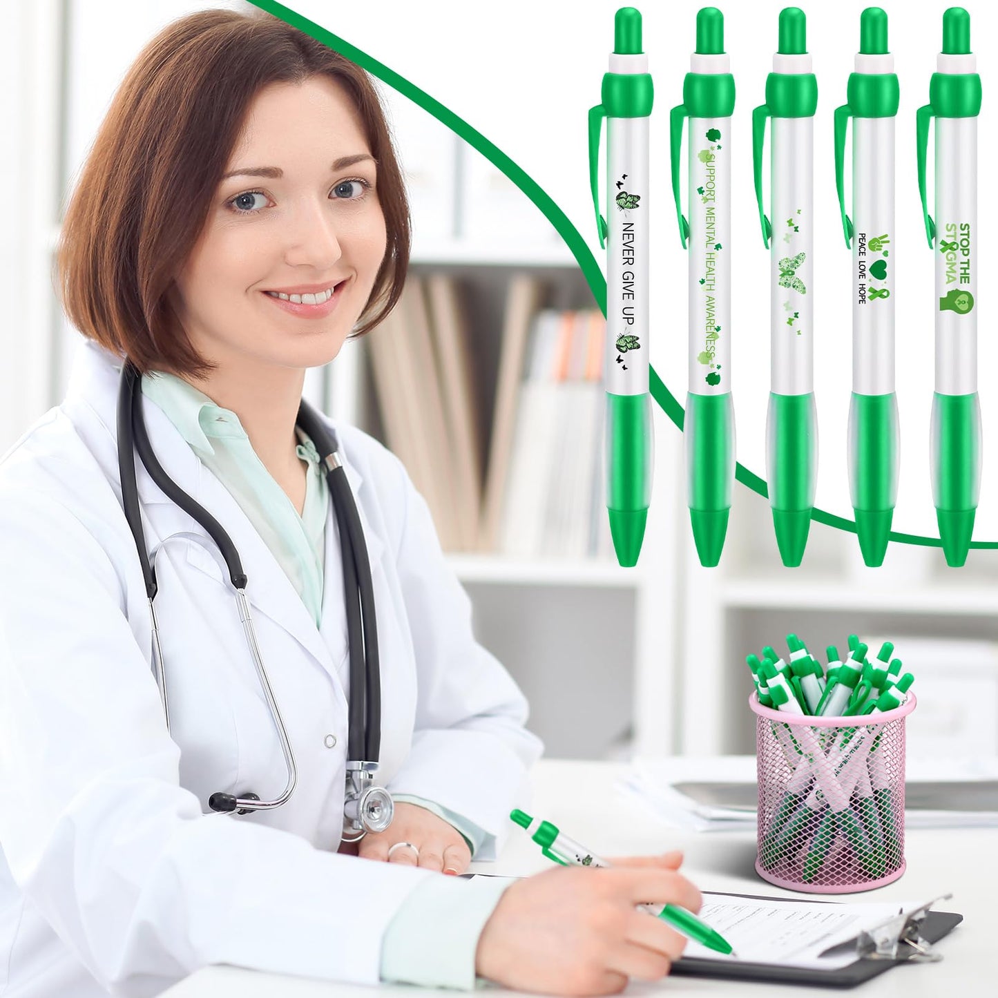 Ctosree 120 Pcs Mental Health Awareness Pens Gifts Bulk 12 Style Green Ribbon Retractable Gel Pens Black Ink Mental Health Awareness Accessories Favors Items for Office Charity Stuffers
