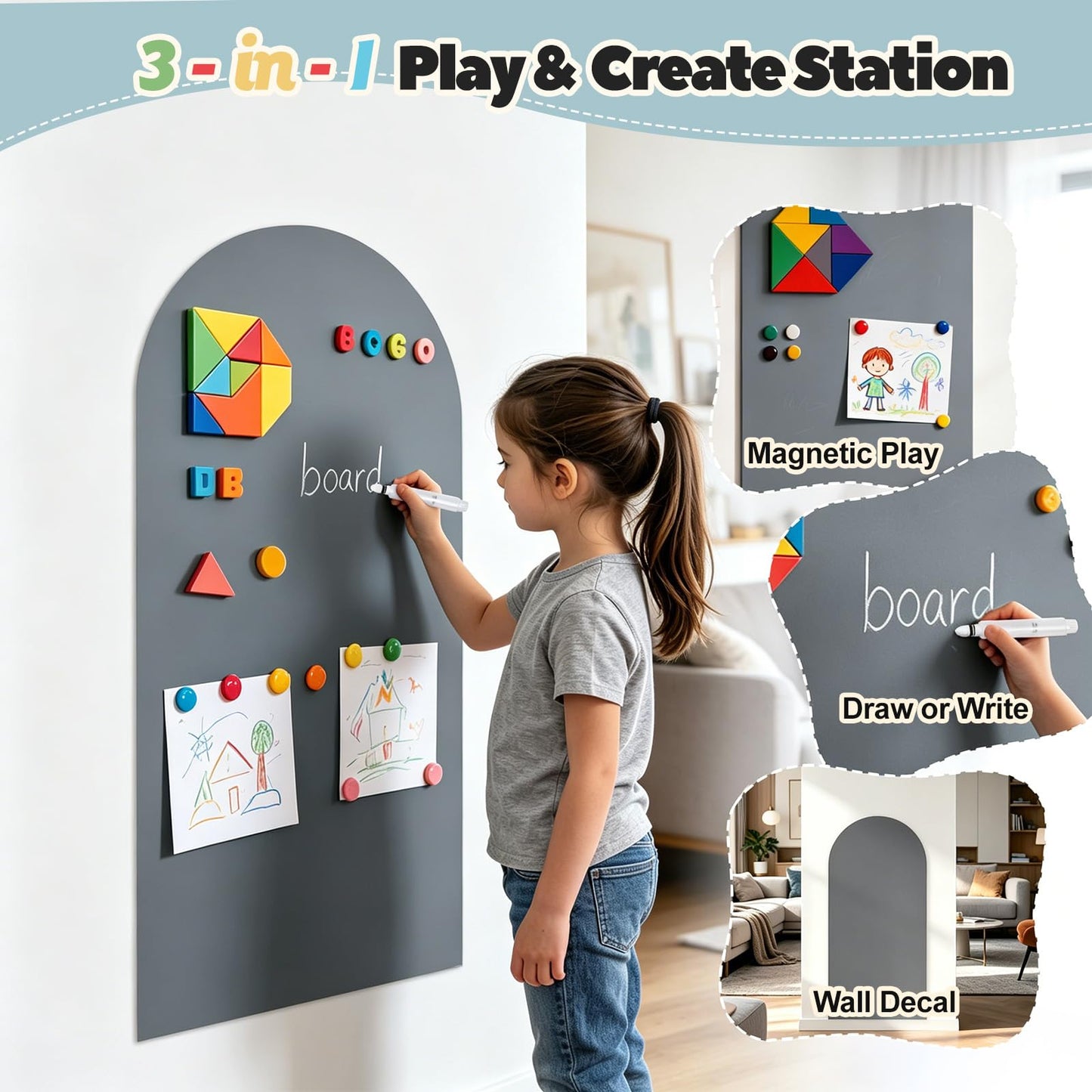 Magnetic Wall Decal 40 x 18In Arch Magnetic Chalkboard for Wall, Magnet Wall Drawing Learning for Playroom, School, Home (Grey