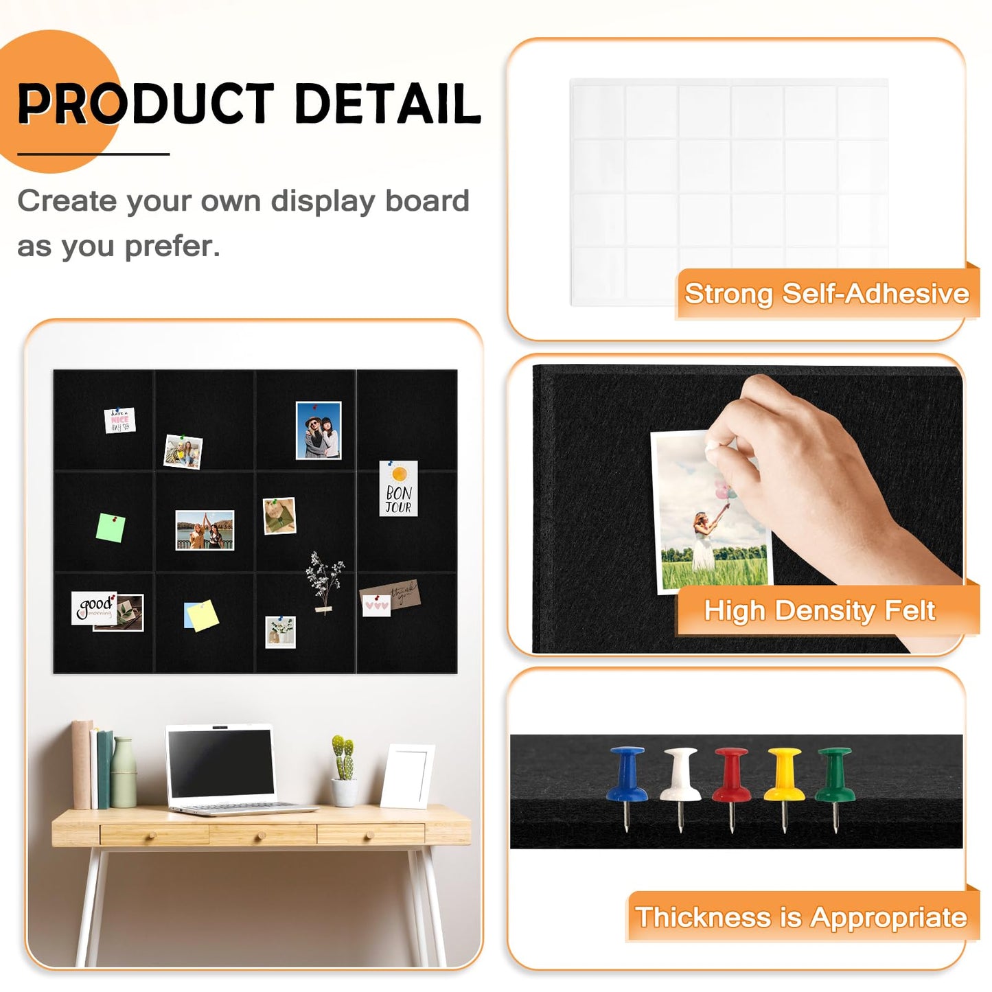 AMUSIGHT Large Cork Board Tiles, 12 Packs 48" x 36" 1/2" Thick Cork Bulletin Board Felt Board Self Adhesive Cork Boards for Walls Home Office Kitchen School, 120 Push pins, Black