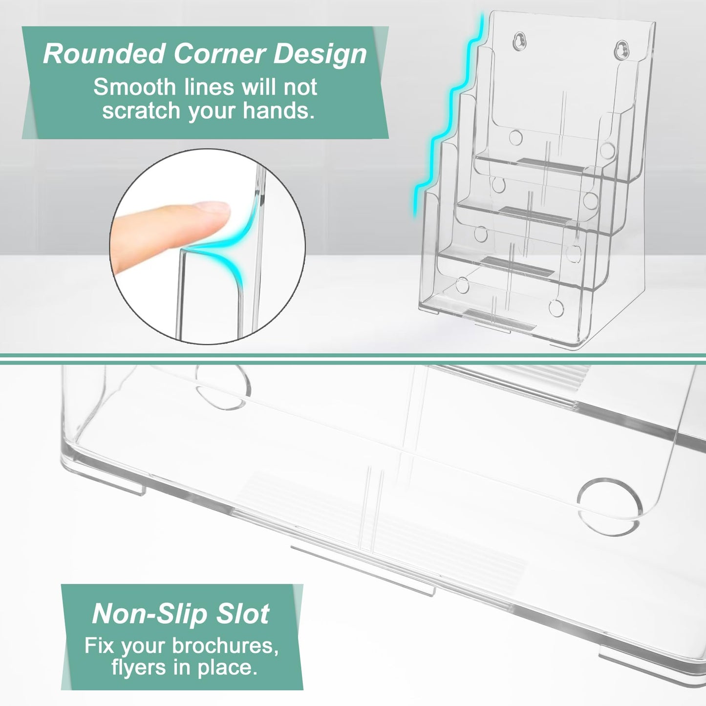 Acrylic Brochure Holder 8.5 x 11 inches, 4 Tier Clear Brochure Display Stand with Removable Divider for Trifold 4 Inches Wide Pamphlet, Plastic Flyer Holder for Magazine, Literature, Booklet