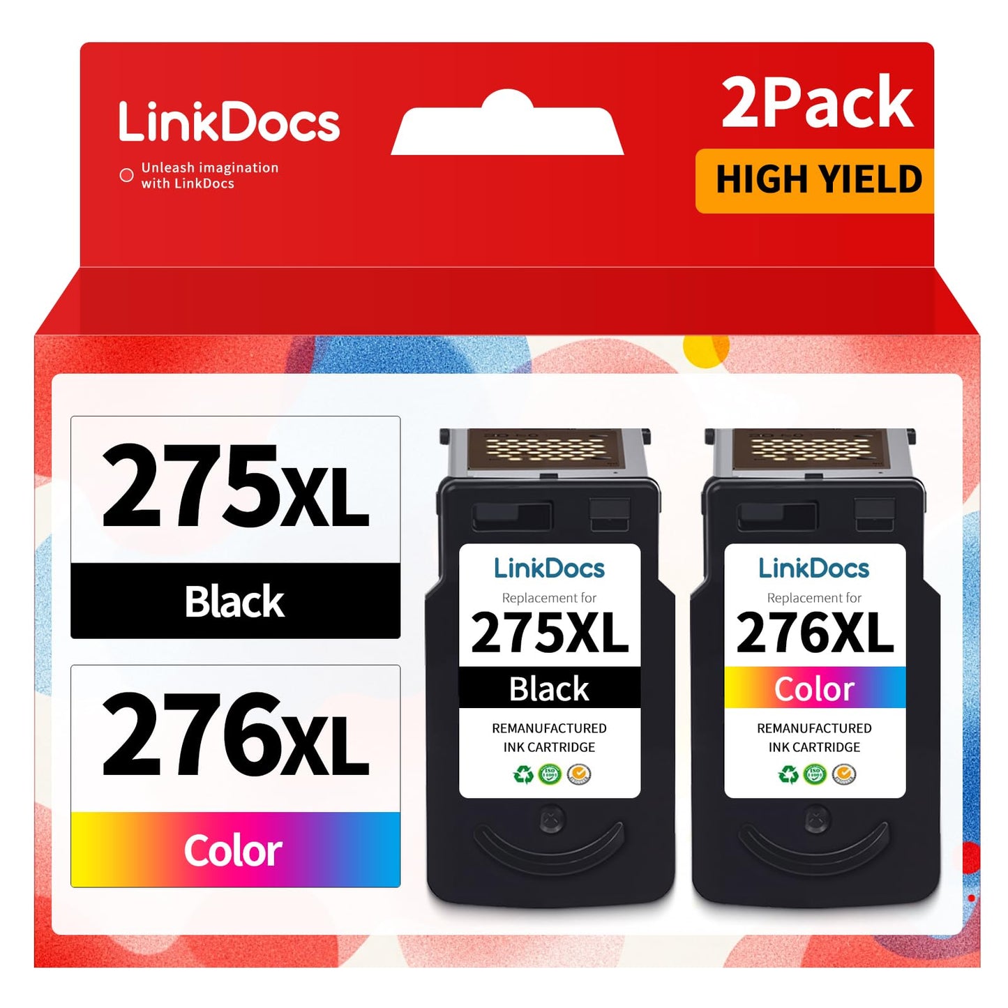 LinkDocs 275XL 276XL Ink Cartridge Combo Pack Remanufactured Replacement for Canon PG-275 CL-276 275XL 276XL used with PIXMA TS3520 TS3522 TS3500 TR4720 TR4722 TR4700 TS3700 Printers(1 Black, 1 Color)