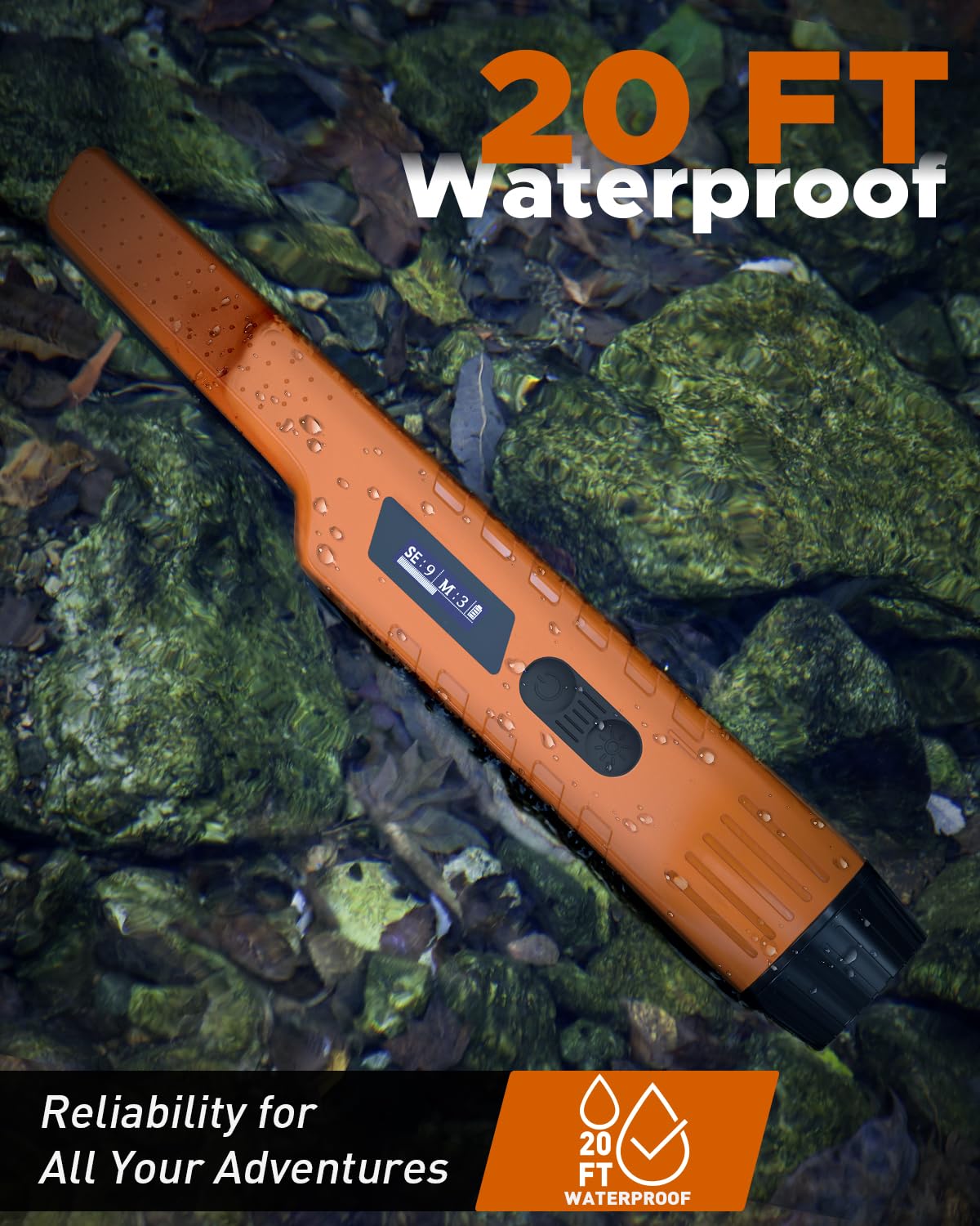 Hazlewolke Rechargeable Metal Detector Pinpointer for Adults & Kids, Fully Waterproof, OLED Screen, One-Key Interference Elimination (Orange)