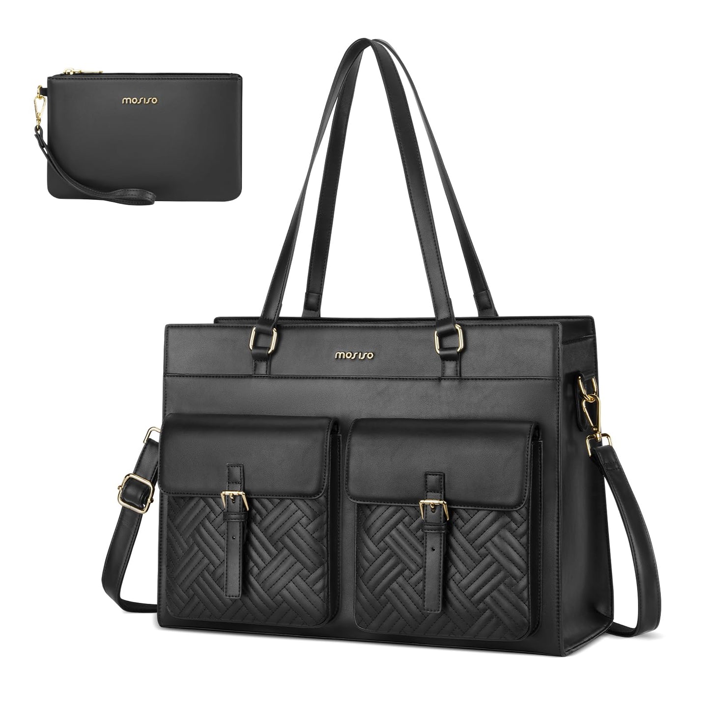 MOSISO Laptop Tote Bag for Women, 15.6 inch PU Leather Tote Crossbody Handbag with 2 Front Flapover Pockets, Large Capacity Waterproof Shoulder Computer Bags for Teacher College Work Business, Black