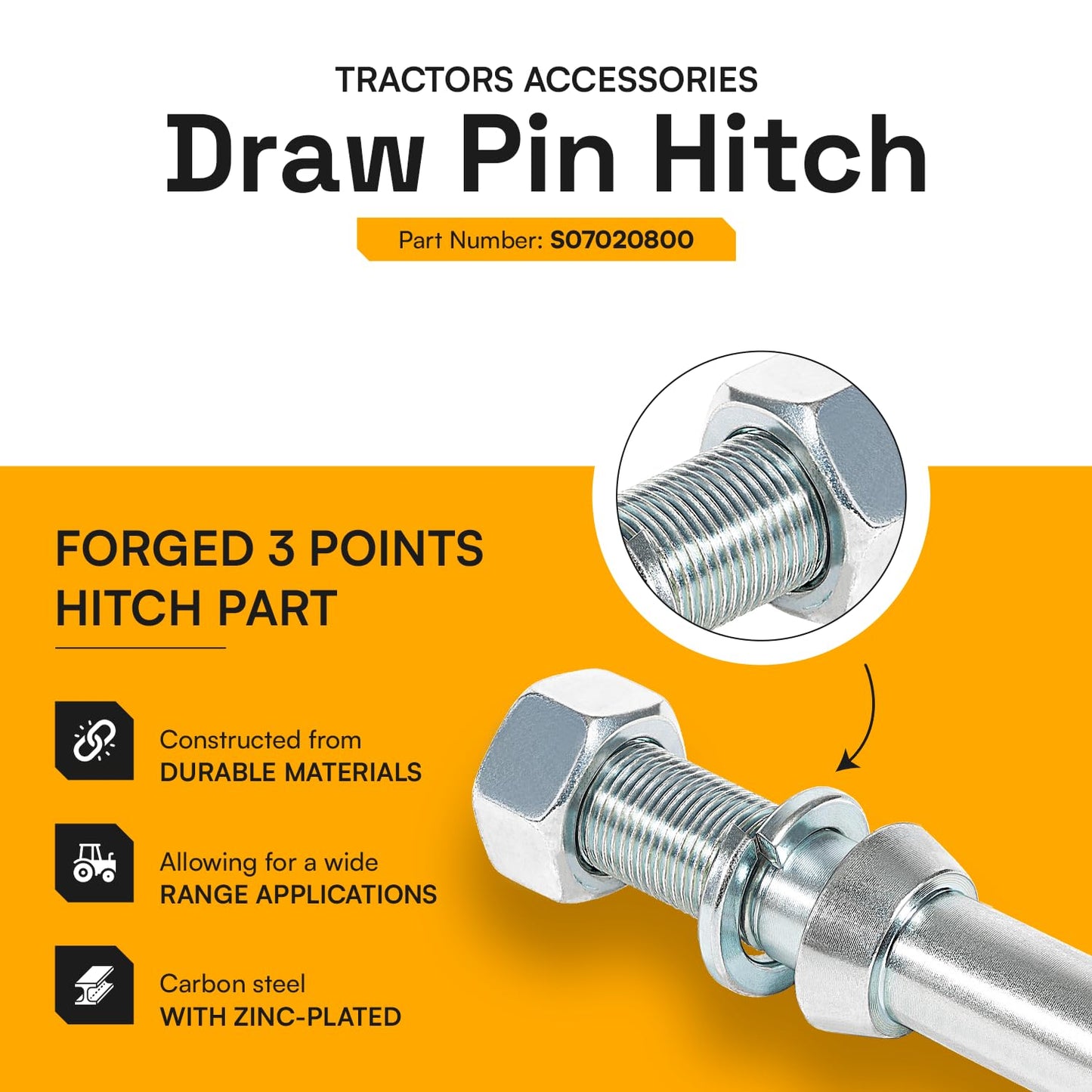 Sunluway 3 Pack Cat 1 Draw Pin Lift Arm Pin, 7/8 in Dia, 5-1/2 in Universal, Forged, Silver, Carbon Steel, Powder Coated, Tractor Hitch Accessories