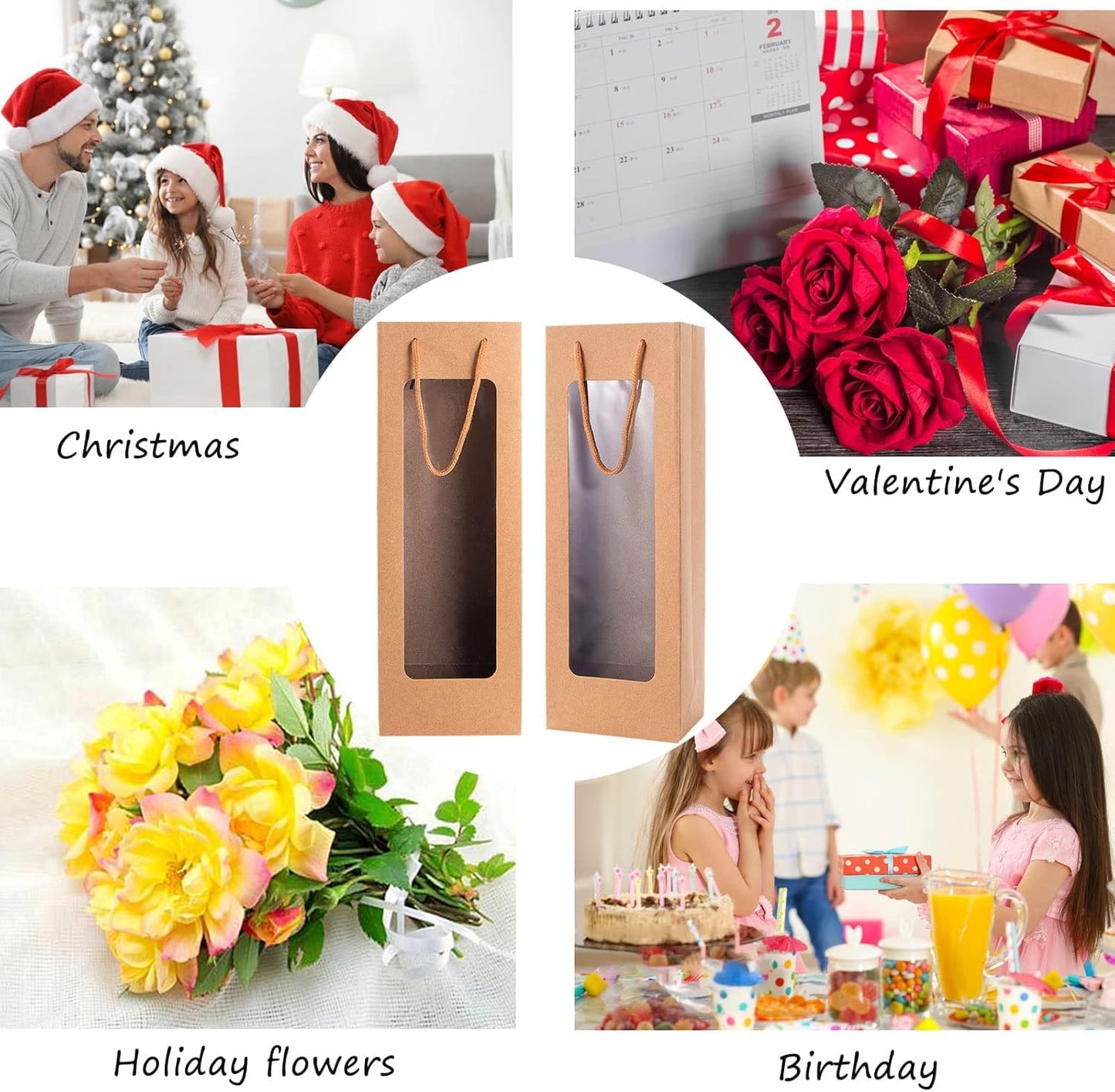 50 Pcs Clear Window Wine Gift Bags with Handles Flower Bulk for Mom New Year Holiday Birthday