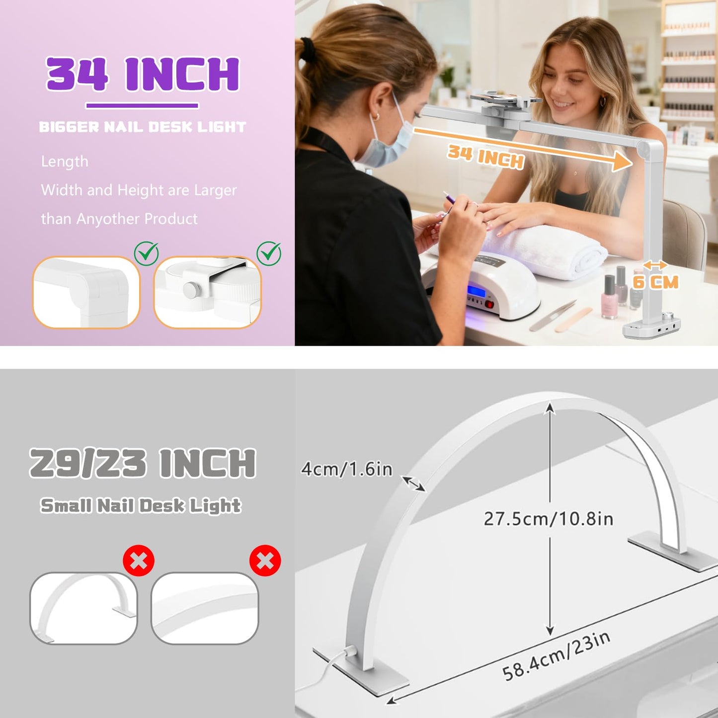 34" Foldable Nail Tech Lamp with Phone Holder, 456 LEDs Bright Nail Light for Desk, Stepless Dimming & 3 Color Modes (3000K-6000K) for Professional Manicure, Lash, Tattoo Studio, Eyebrows, Beauty