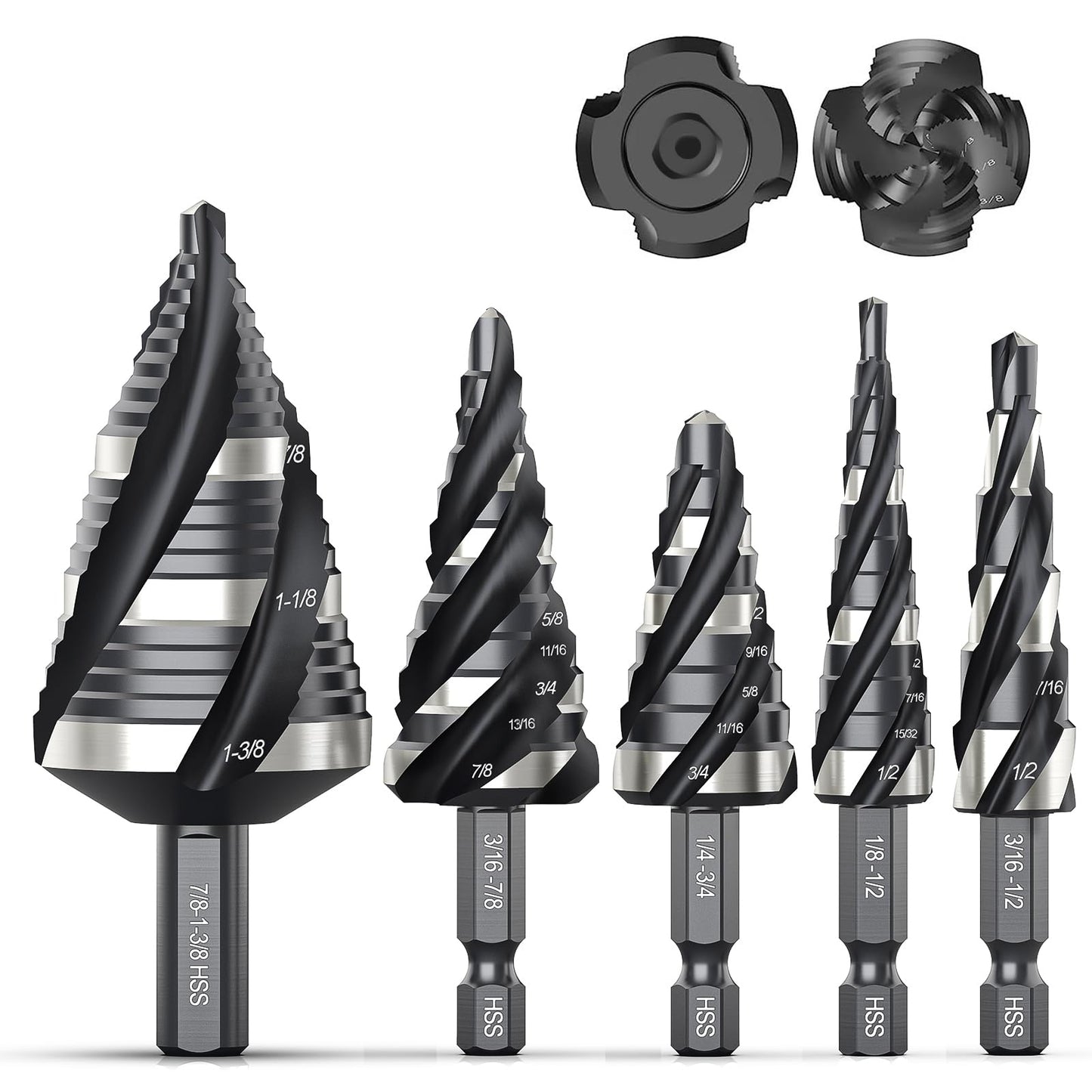 THINKWORK Four Spiral Flute Step Drill Bit Set, 5 Pcs HSS Step Drill Bits (1/8"-1-3/8") Unibit, 1/4" and 3/8" Shank Step Bits for Aluminum, Wood, Plastic, Metal