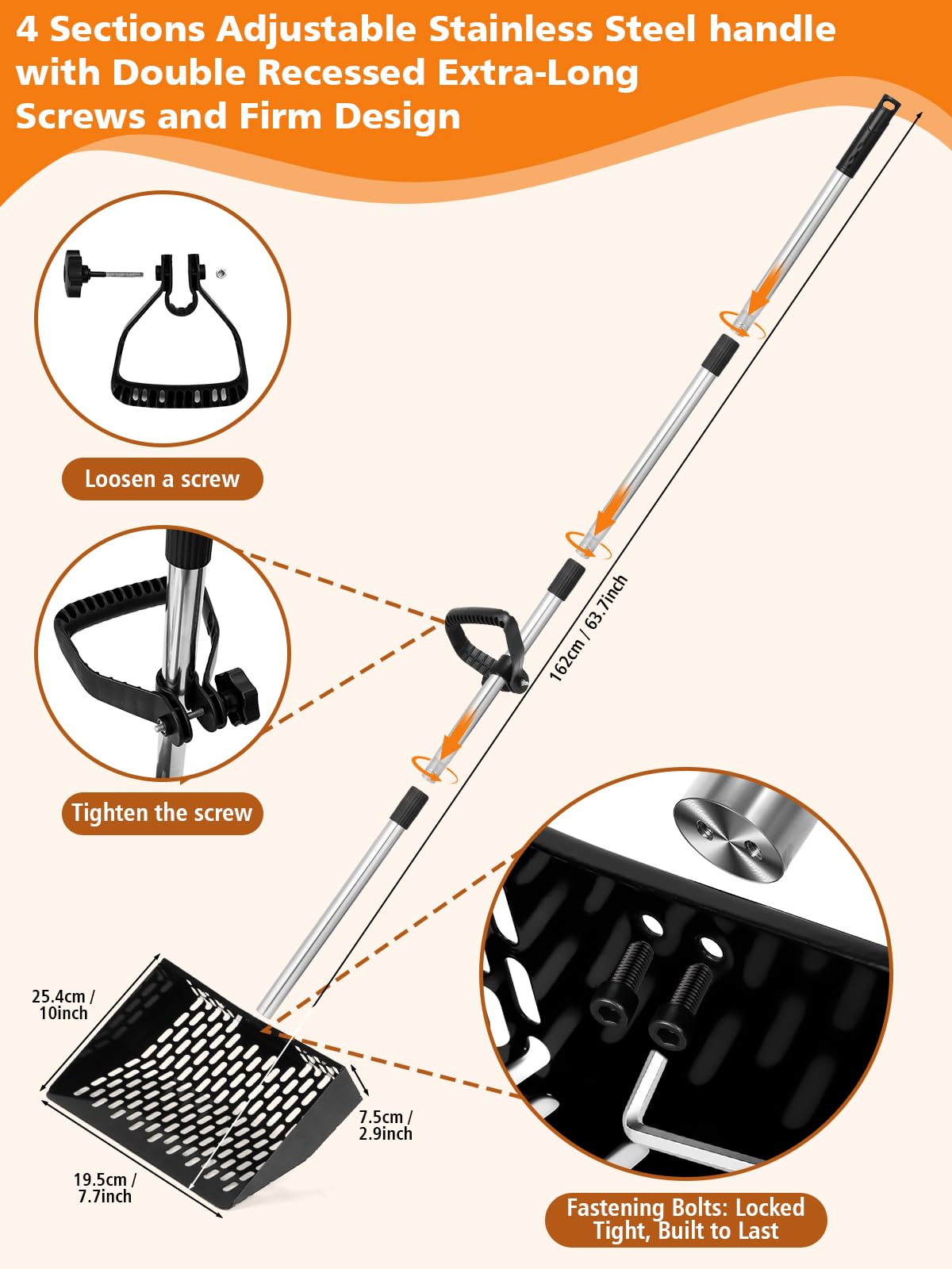 Chicken Poop Scooper with Ergonomic D-Grip 64" Long Handle 4 Sections Adjustable Stainless Steel Chicken Coop Scooper for Sand Sifting Shovel Farm Beach Garden Yard Waste Litter Pooper Cleaning Tools