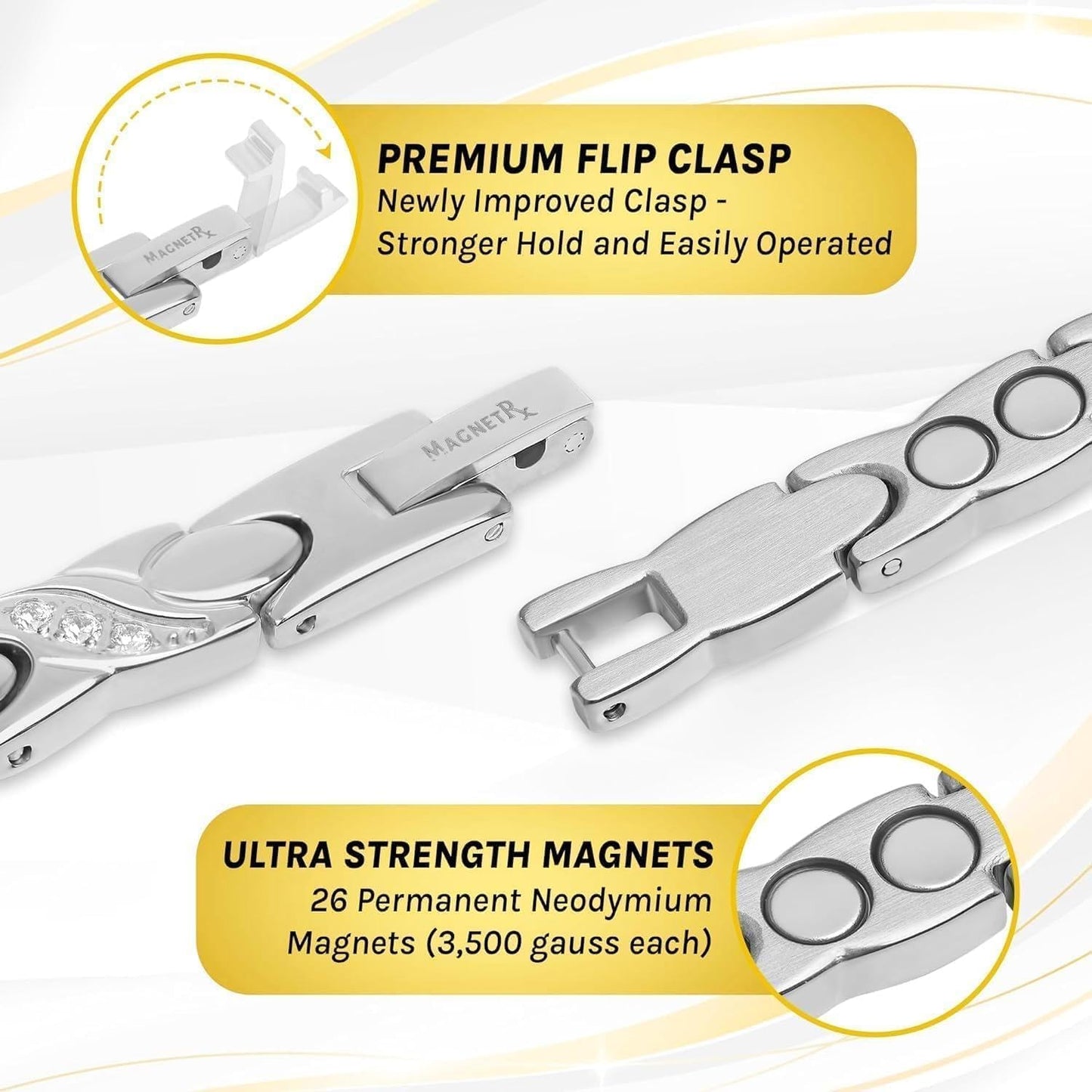 MagnetRX® Ultra Strength Magnetic Bracelets for Women – Double Magnet Stainless Steel Crystal Bracelet for Women – Adjustable Bracelet Length with Sizing Tool (Silver XO)
