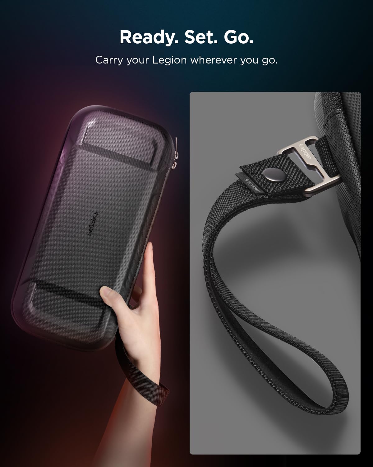 Spigen Rugged Armor Pro Designed for Lenovo Legion Go, MSI Claw 7 AI+ 8 AI+ & A8 Hard Shell Travel Carrying Case with Pockets for Accessories and Original Charger Storage Bag Case - Black