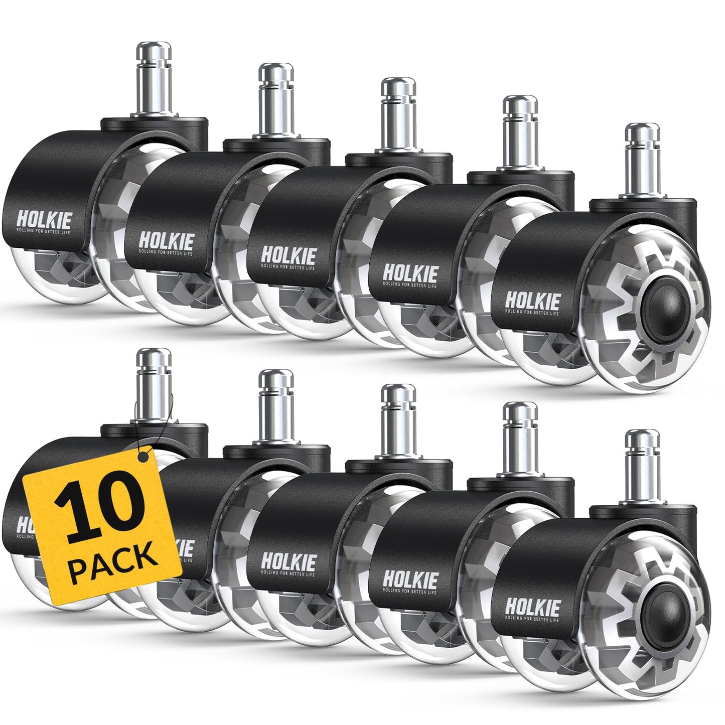 HOLKIE Office Chair Wheels Replacement 11x22mm Universal Fit 2 Inch Casters 10 Pack Grey Dual Rubber Smooth & Quiet Rolling Desk Wheels-Set of 10 for Hardwood & Carpet Computer Gaming Chair Wheels