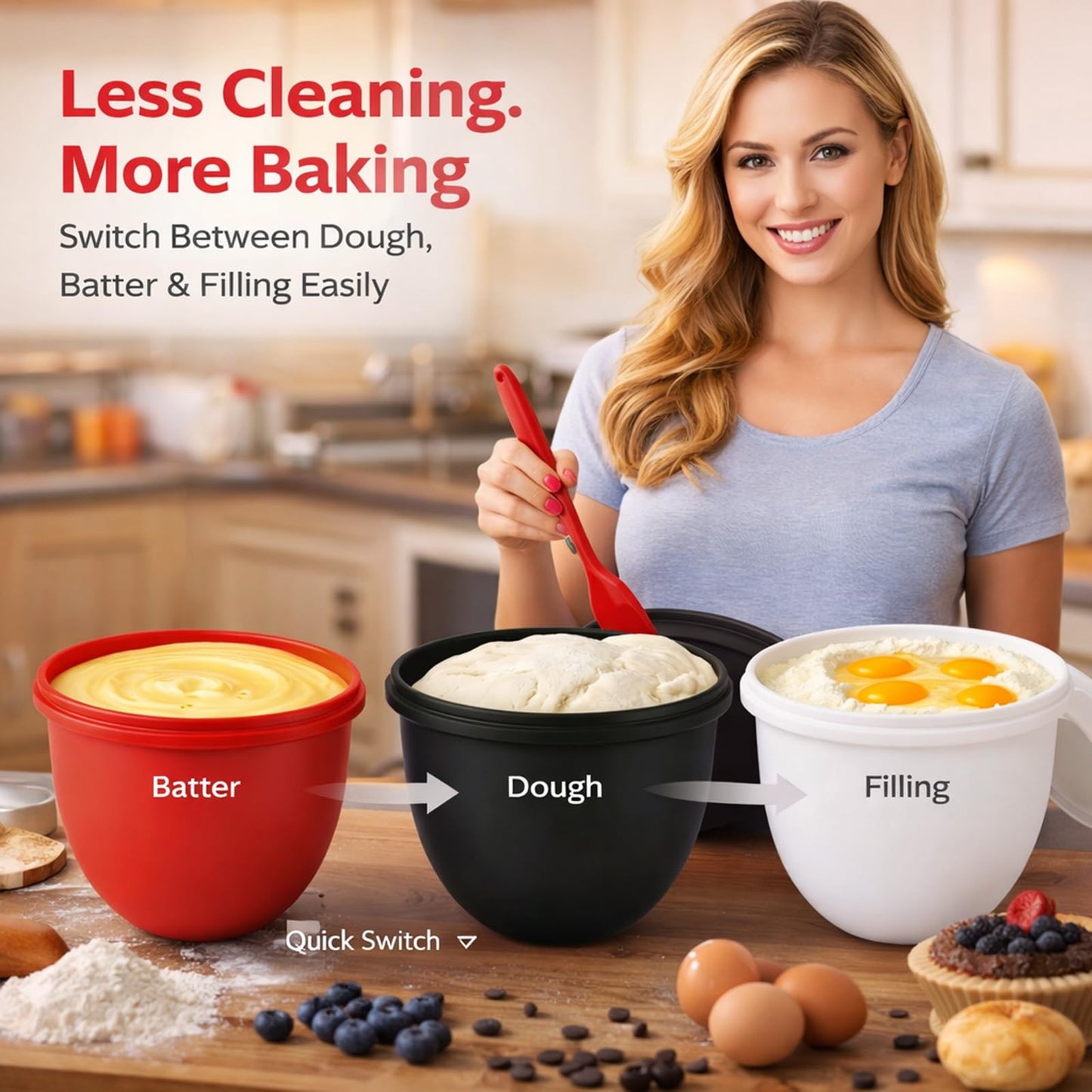3 PCS Upgraded Silicone Bowl Liners with Lids for KitchenAid 6QT Tilt-Head Mixer, Thickened Anti-Collapse, Adjustable Air Vent for Dough Proofing, Use at -40℃~260℃, Mixing, Fermentation & Storage