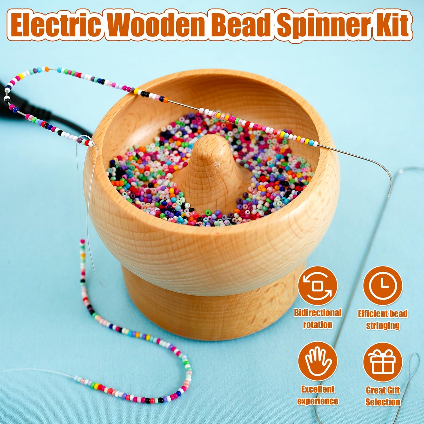 Electric Wooden Bead Spinner, Adjustable Speed and Direction Spin Bead Loader USB Powered Spin Beading Bowl Kit with 2 Beading Needles 2000 Beads for Bracelets Jewelry Making