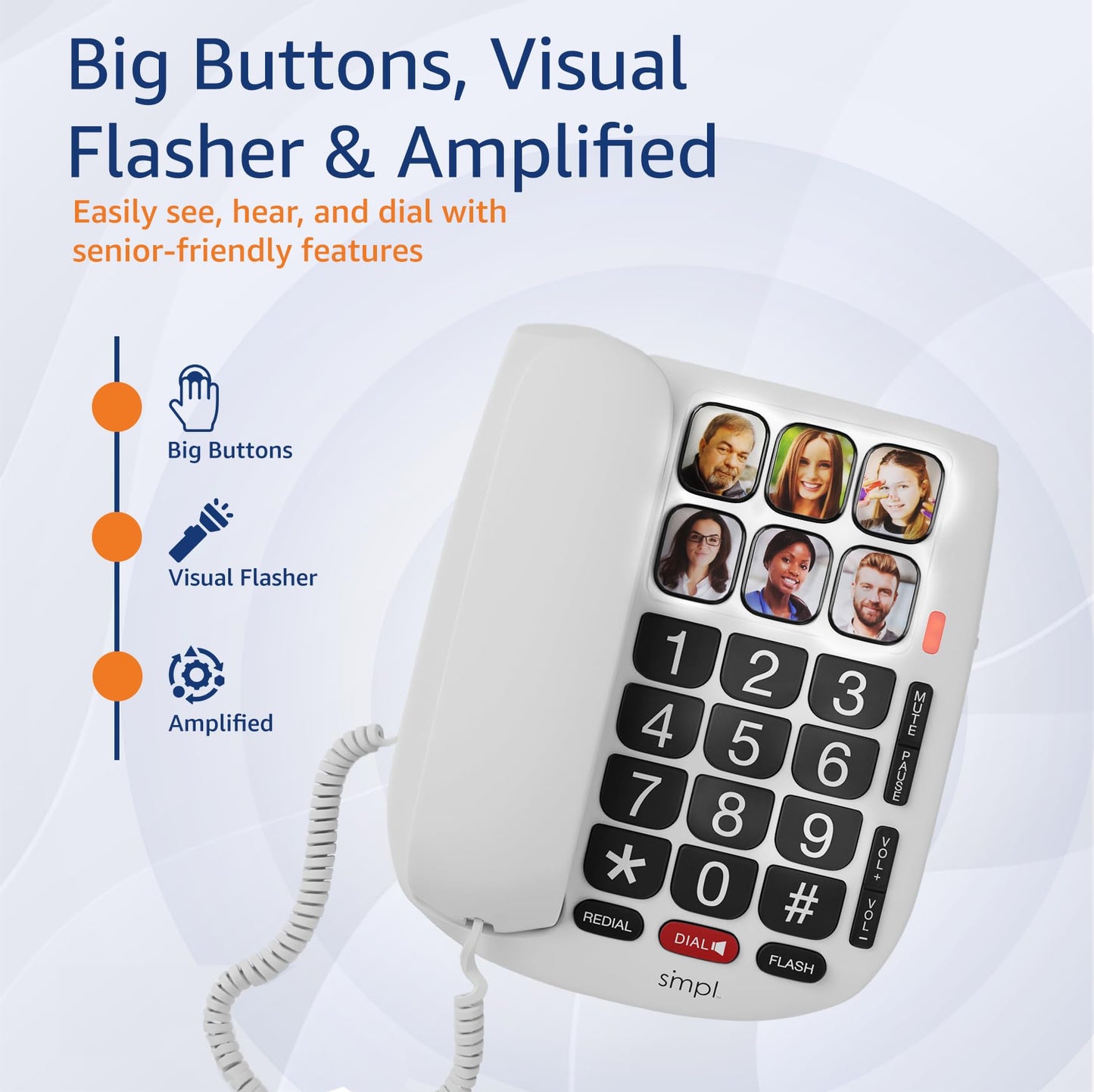 SMPL Landline Photo Memory Big Button Phone for Seniors - One-Touch Dialing, Large Buttons, Amplify by Call, Alzheimer's, Dementia - Ideal Phone for Seniors (Model 56010)