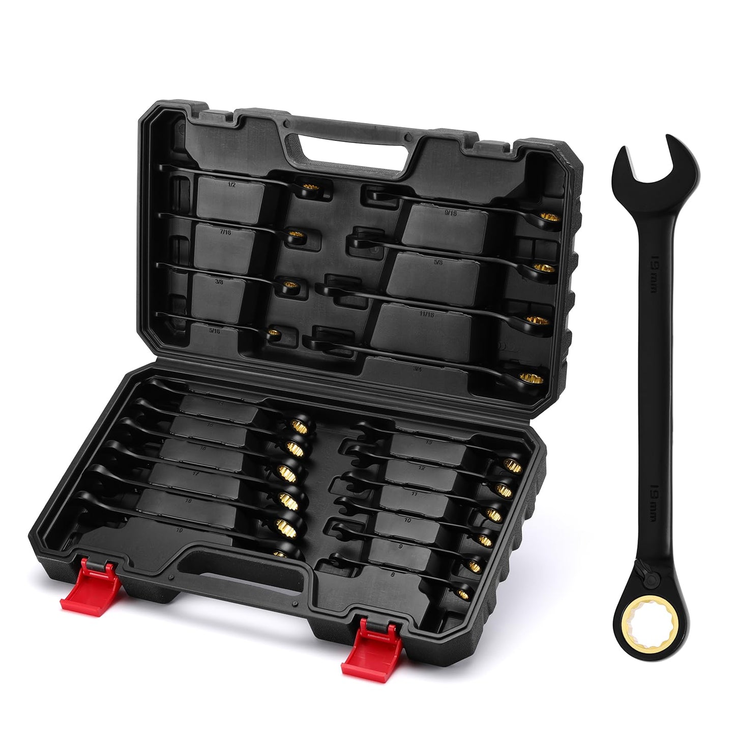 EMENTOL 20-Piece Ratcheting Wrench Set, Metric 8-19mm & SAE 5/16-3/4″, 72 Teeth, Heavy-Duty Combination Wrenches, CR-V Steel, Includes Portable Plastic Case