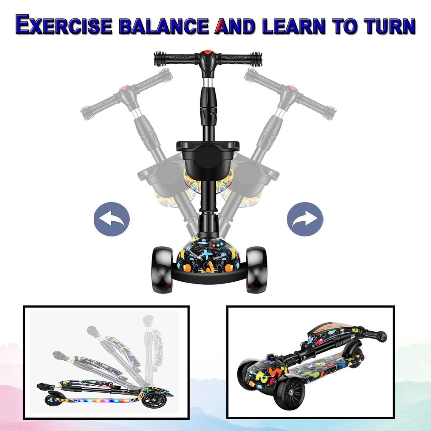 CLrkualn 2-in-1 Kick Scooter for Kids Ages 3-8, Adjustable Height Foldable Scooter Removable Seat, 3 LED Light Wheels, Outdoor Activities for Toddlers Boys Girls (Black)