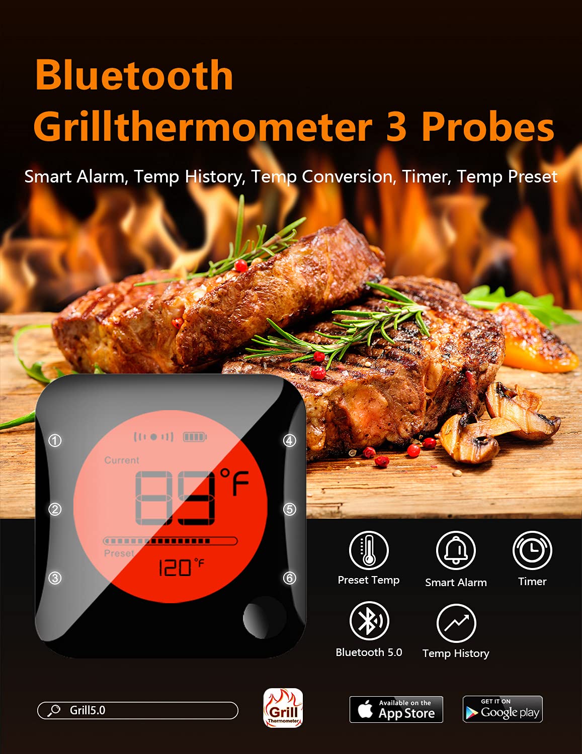 BFOUR Bluetooth Digital Meat Thermometer, Wireless Meat Thermometer with 3 Probes, 328FT Bluetooth Meat Thermometer for Grill Oven, Meat Thermometer for Smoker Kitchen Food Cooking Thermometer