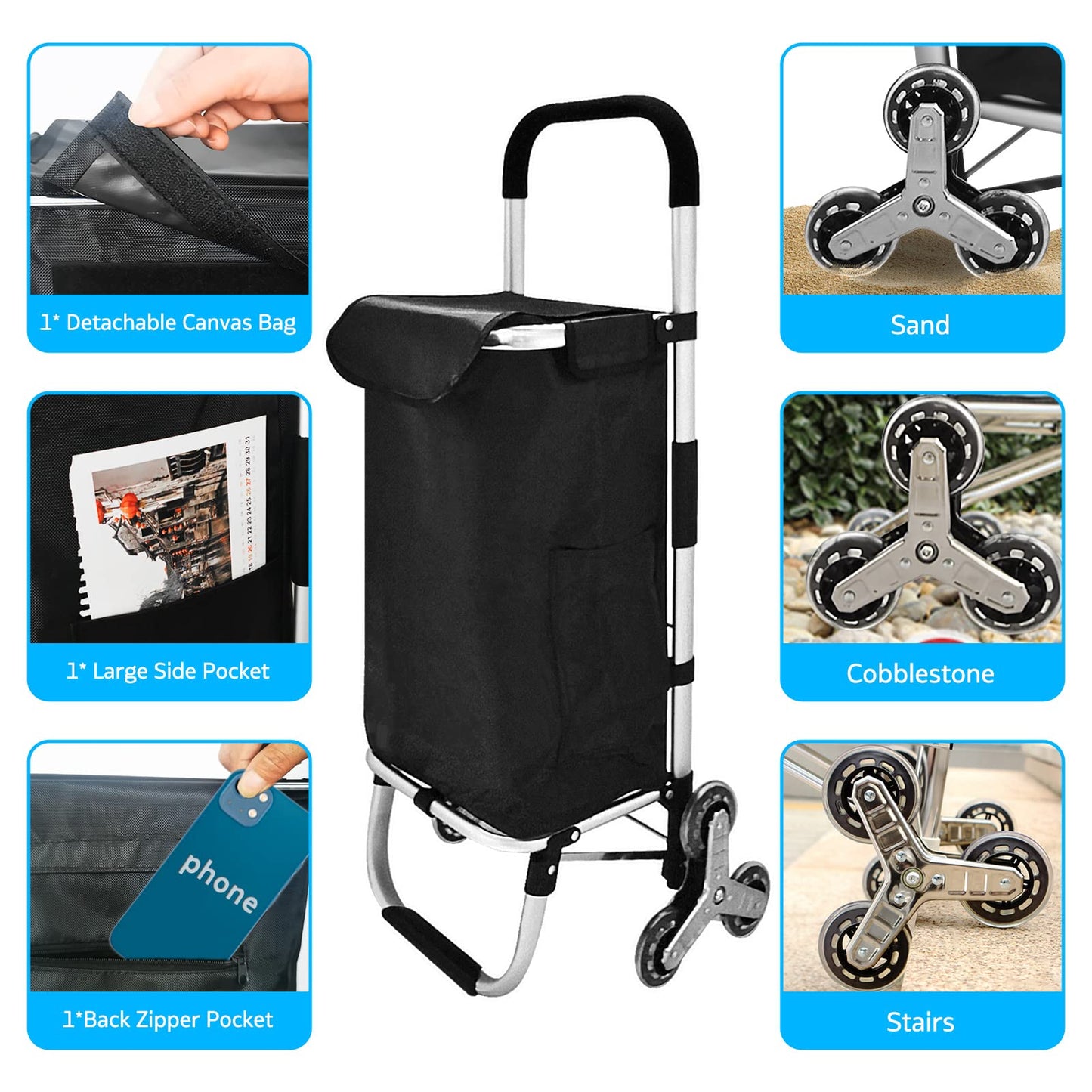 Folding Shopping Trolley Grocery Cart with Removable Waterproof Canvas Bag and Stair Climbing Wheels Super Loading Portable Utility Cart