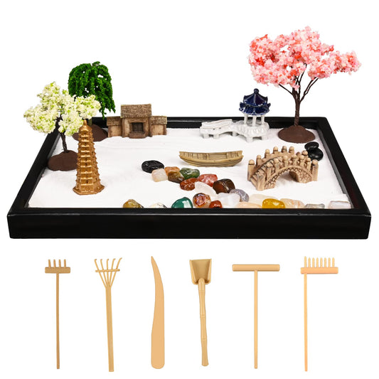 10" x 7" Upgraded Zen Garden for Desk with 18 Accessories Sand Garden Decoration Included Sand Tray,Zen Garden Rake,Trees,Pagoda,Bridge,Pavilion,Boat Zen Gifts Women