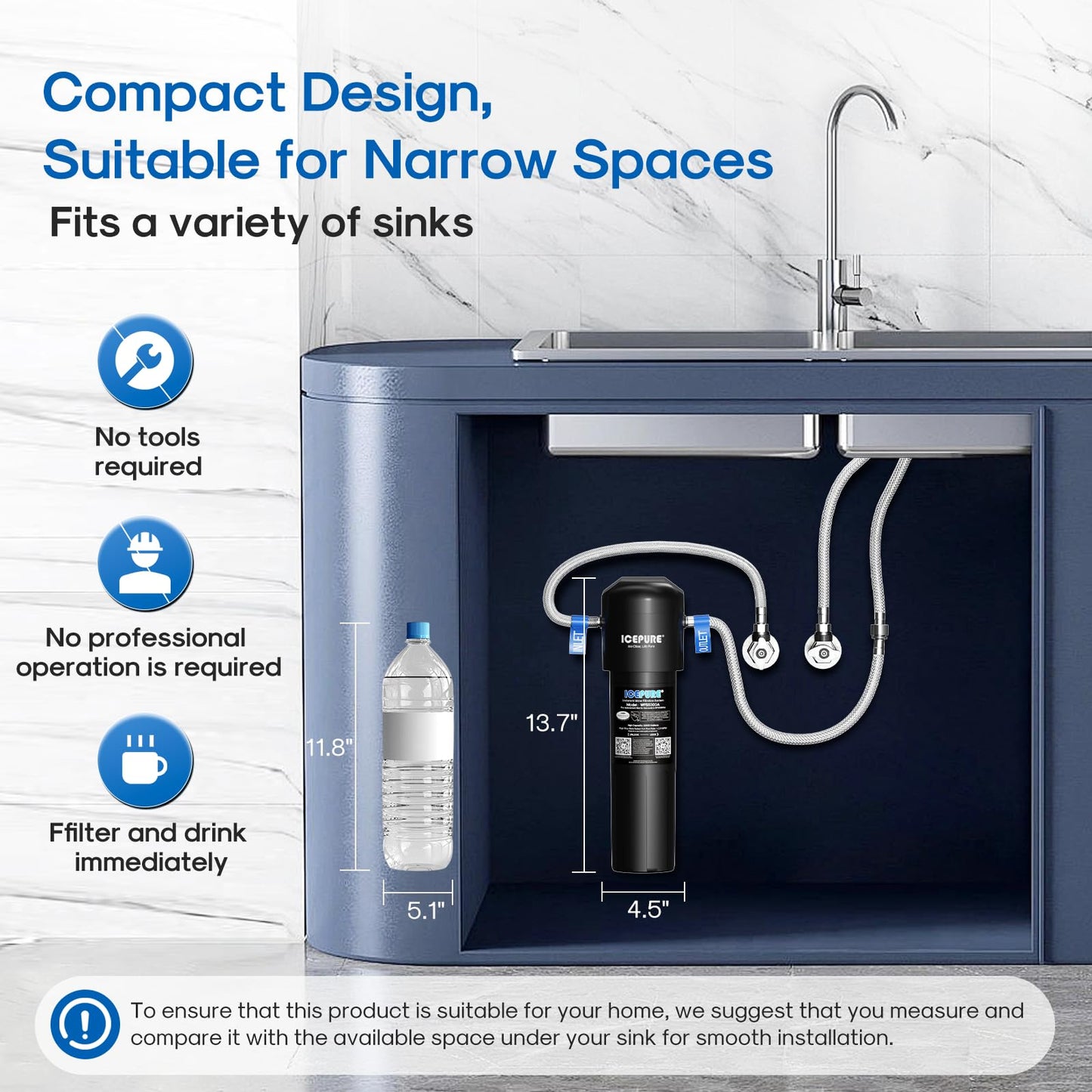 ICEPURE Under Sink Water Filter System, 3 Years or 22000 Gallons Ultra High Life NSF/ANSI 42 Certified, Removes Heavy Metals,Chlorine,Direct Connect Under Counter Drinking Water System, USA Tech Black