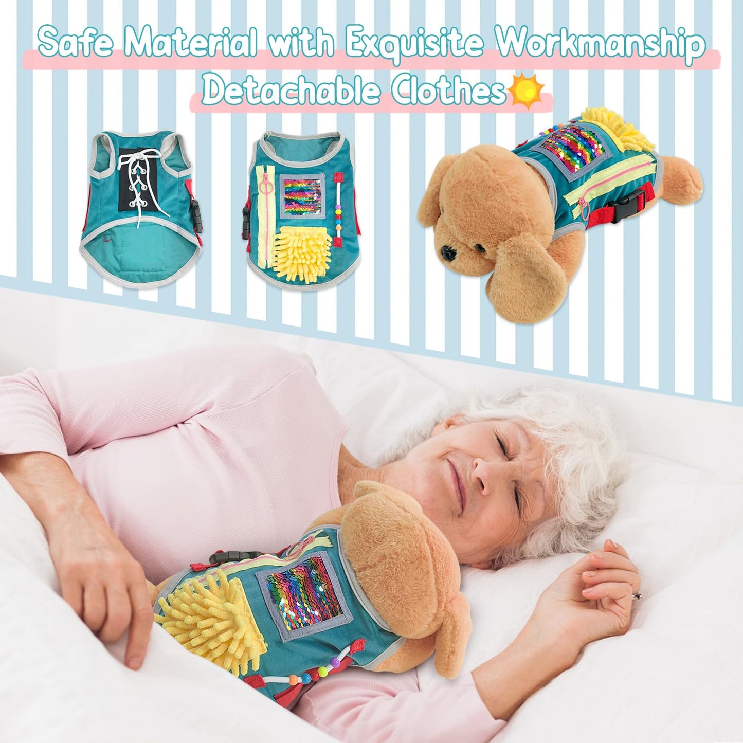 Fidget Blanket for Alzheimer, Dementia Activities for Adults for Anxiety Relief,Puppy Sensory Blanket with Many Activities for Elderly, Gift Fidget Blankets with Lovely Dog