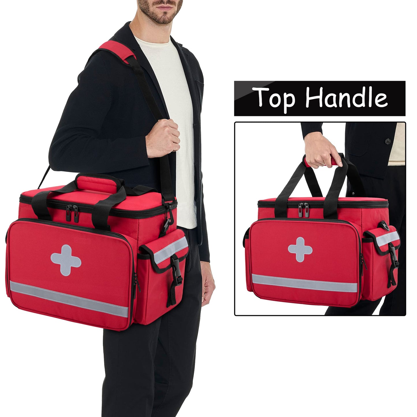 CURMIO Emergency Medical Supplies Bag, Home Health Aid Bag with Shoulder Strap and 2 Detachable Dividers for Nurse, Doctors, Home Health Staffs, Not Include Accessories, Empty Bag, Red