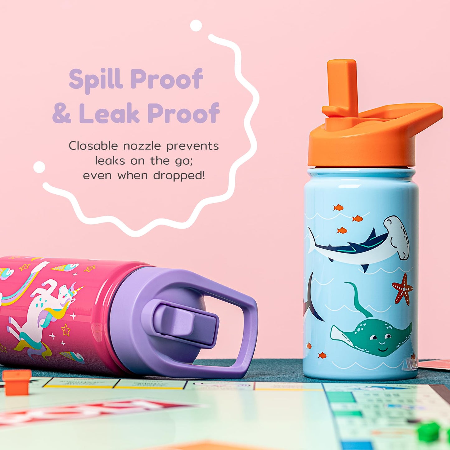 BOZ Kids Insulated Water Bottle with Straw Lid - Two-Pack Unicorn/Mermaid Stainless Steel Vacuum Double Wall Toddler Bottle, 14 oz (414ml) Scratch-Resistant and Dishwasher-Safe
