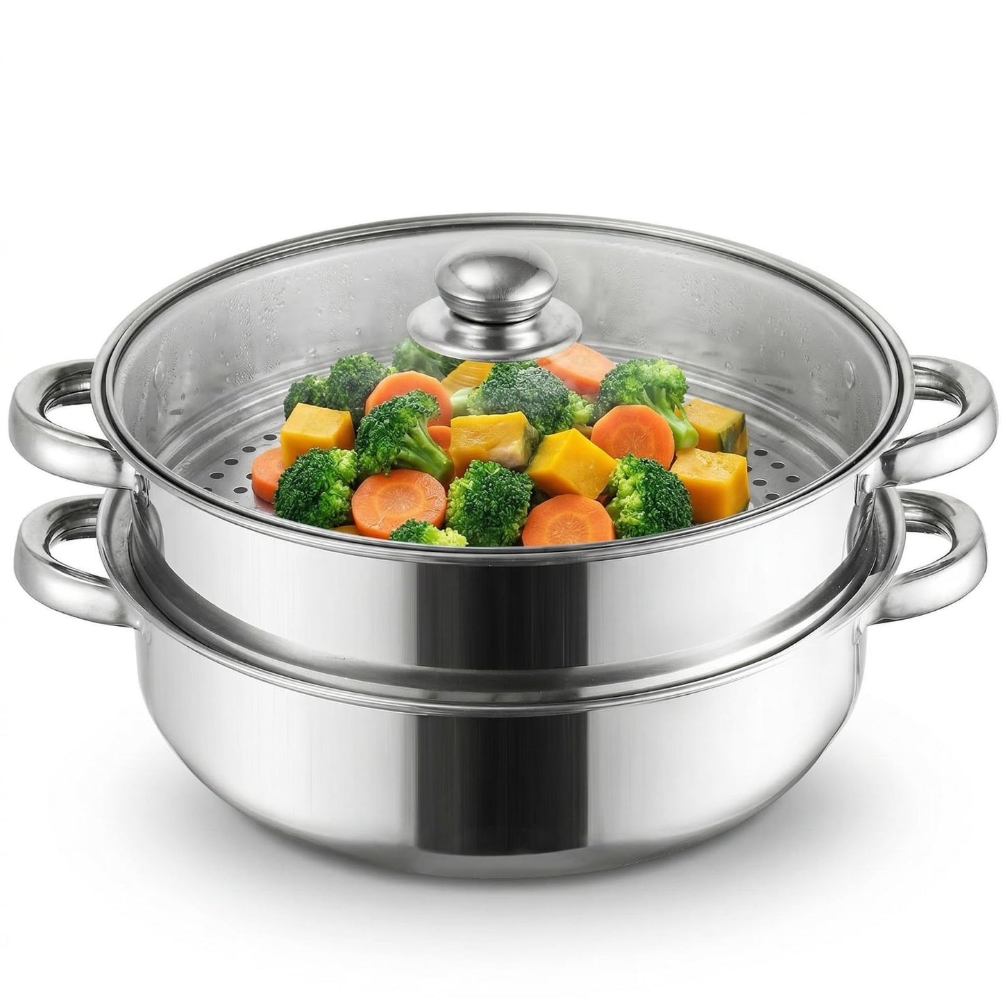 ZENFUN Steamer Pot With Lid 2 Tier, Multipurpose Stainless Steel Steaming Pot, Steam Pots With Handle For Vegetable, Dumpling, Food, 11 Inch（Thickened）