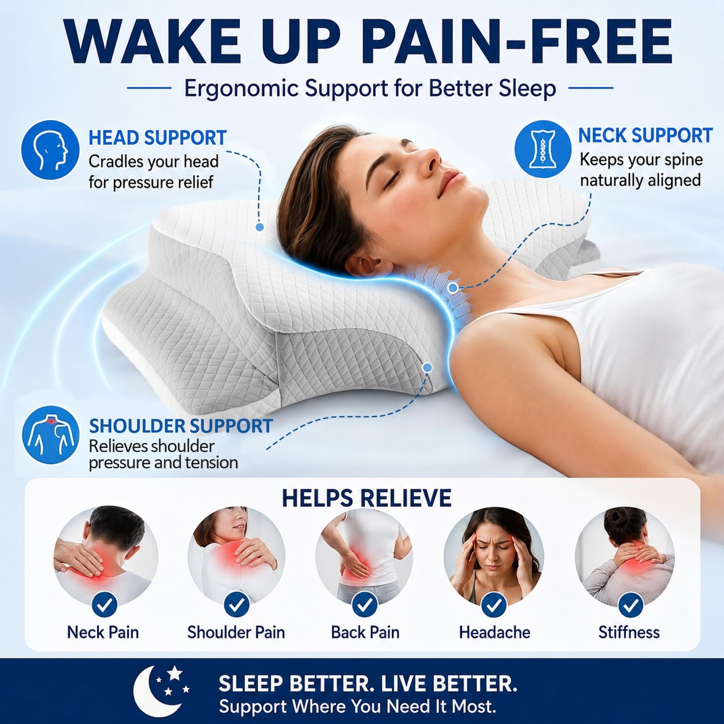 Cervical Pillow for Neck Pain Relief, Memory Foam Neck Support Pillow for Sleeping, Ergonomic Orthopedic Contour Bed Pillow with 2 Heights, Breathable Washable Cover for Side Back & Stomach Sleepers