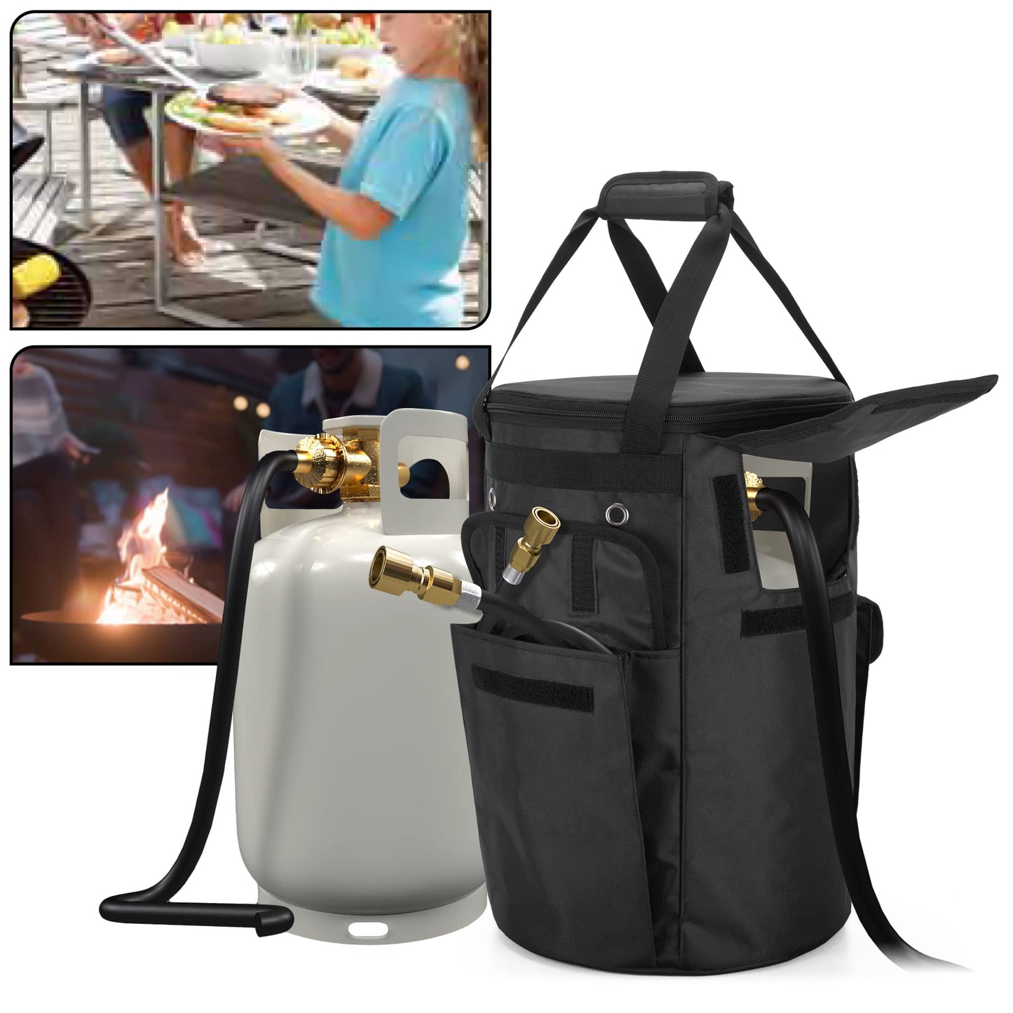SAMDEW Propane Tank Cover, 20 lb Propane Tank Gas Bag with Side Flip Flap and Stable Tabletop Feature, 2 Storage Pockets, Ventilated with 4 Holes, Water & Wear Resistant, Black, Bag Only